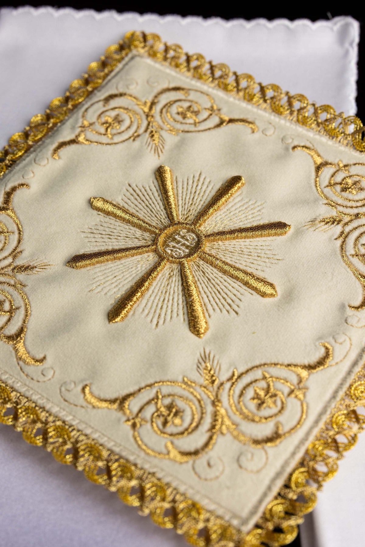 Embroidered chalice linens set ecru velvet
