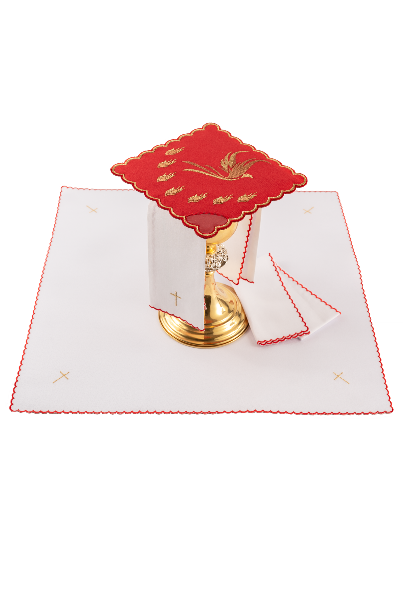 Red chalice linens set with the embroidered Holy Spirit