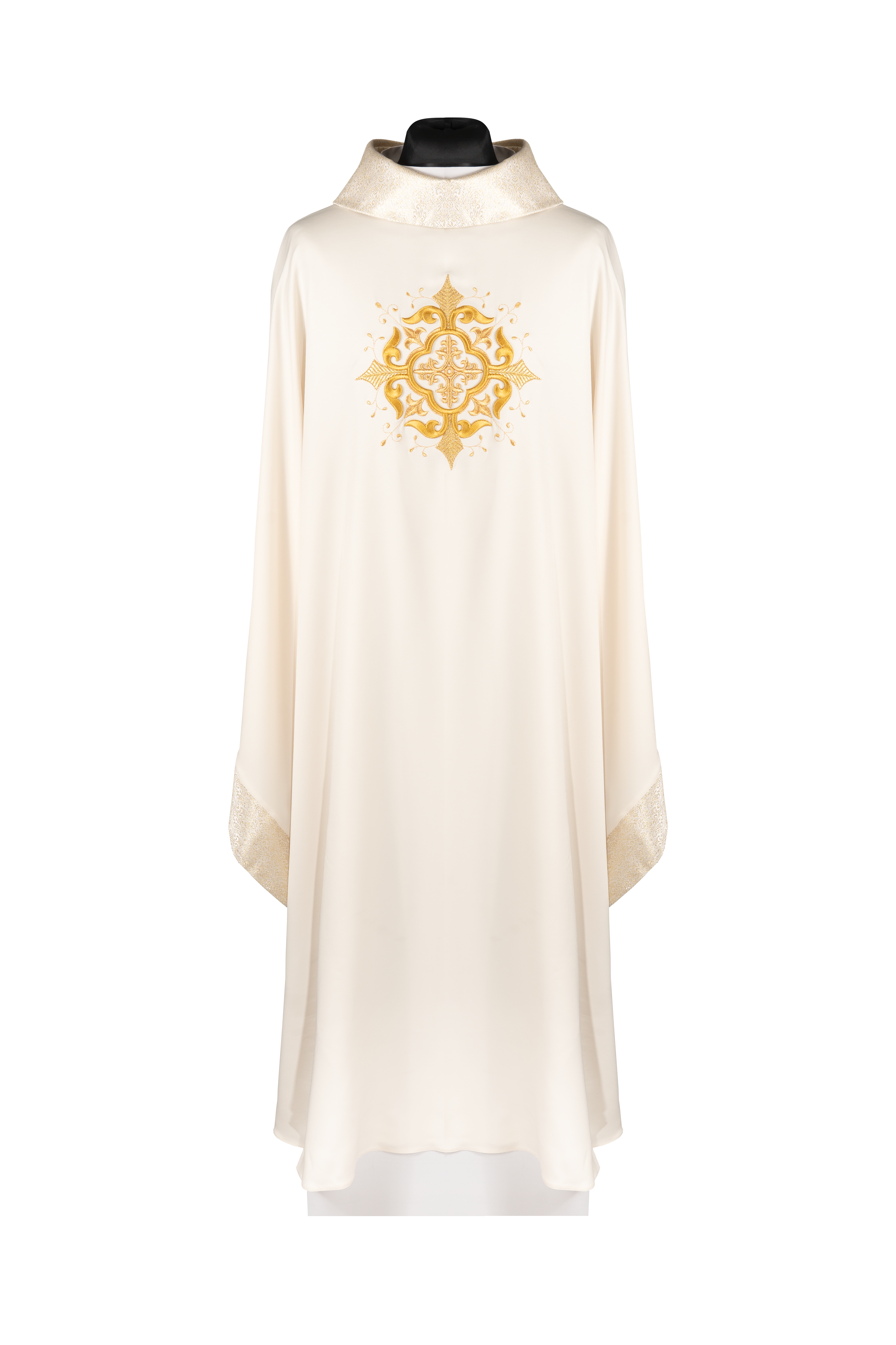 Liturgical chasuble with embroidered cross motif and rich ecru detailing