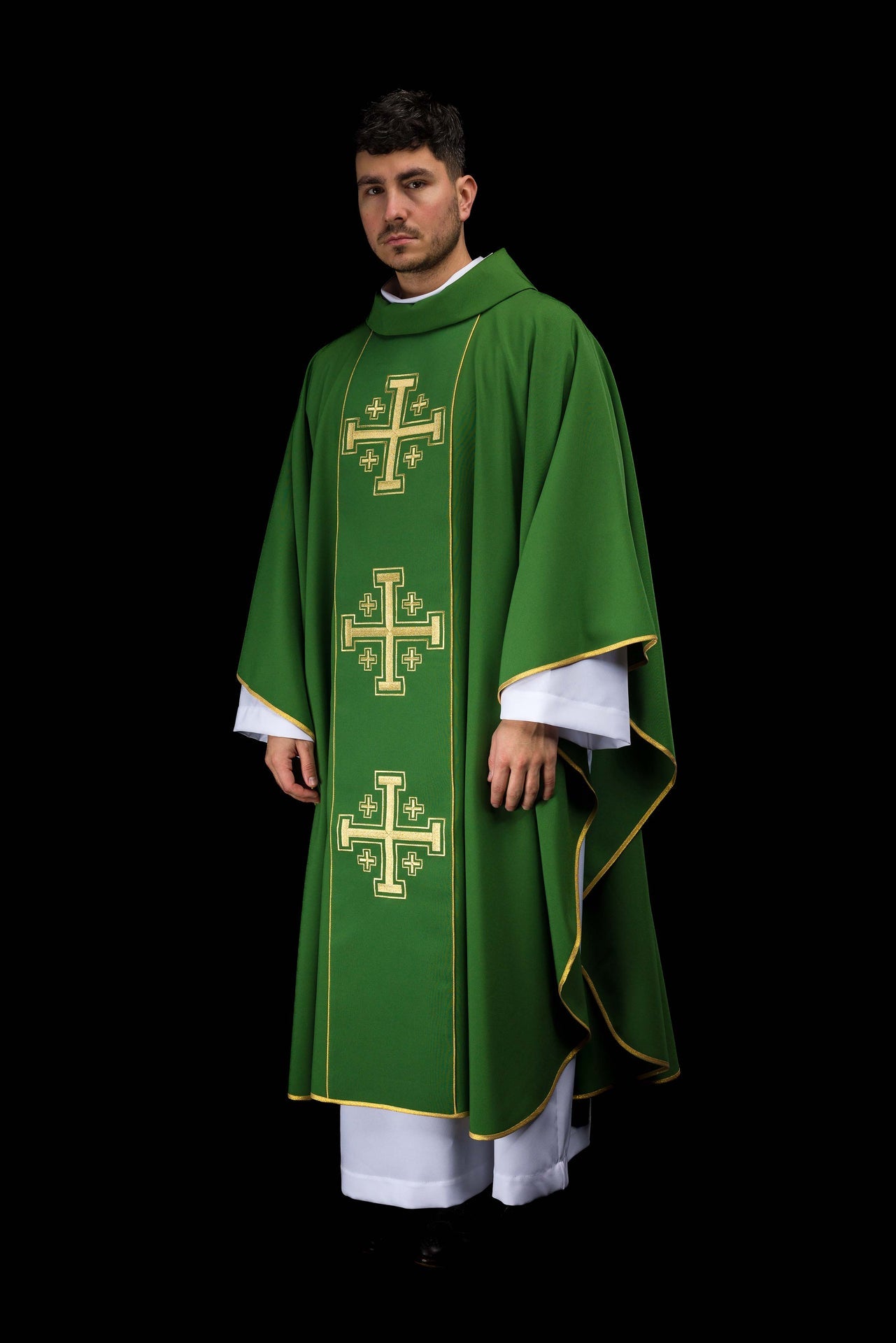 Green embroidered chasuble with band and Jerusalem crosses - CHASUBLES.COM