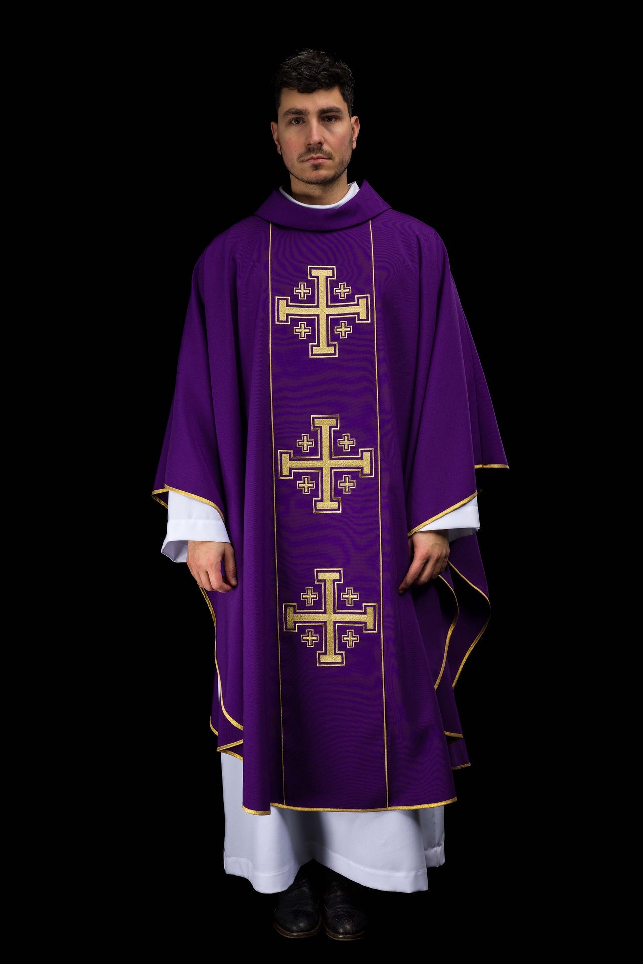 Purple embroidered chasuble with band and Jerusalem crosses - CHASUBLES.COM