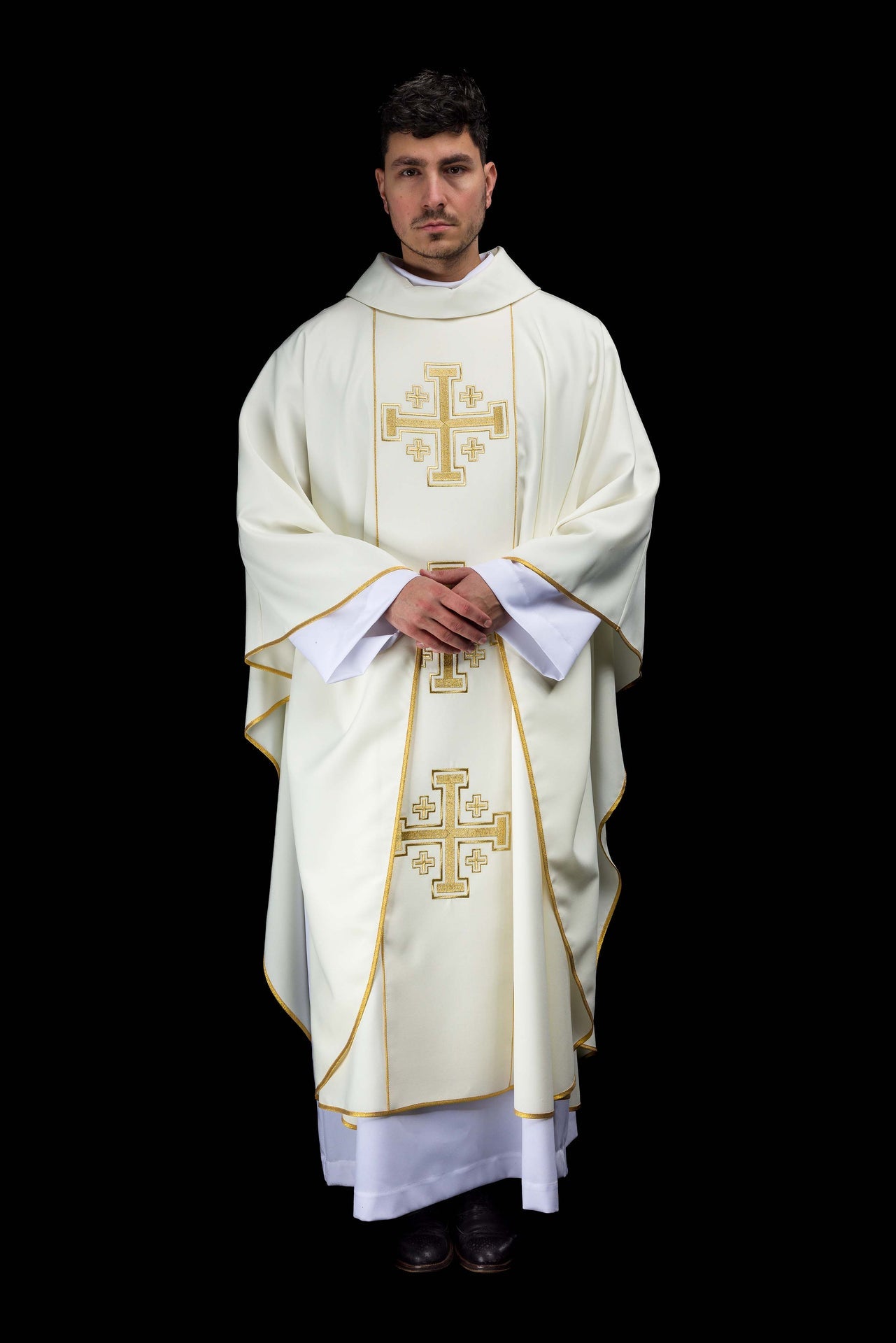 Ecru embroidered chasuble with band and Jerusalem crosses - CHASUBLES.COM