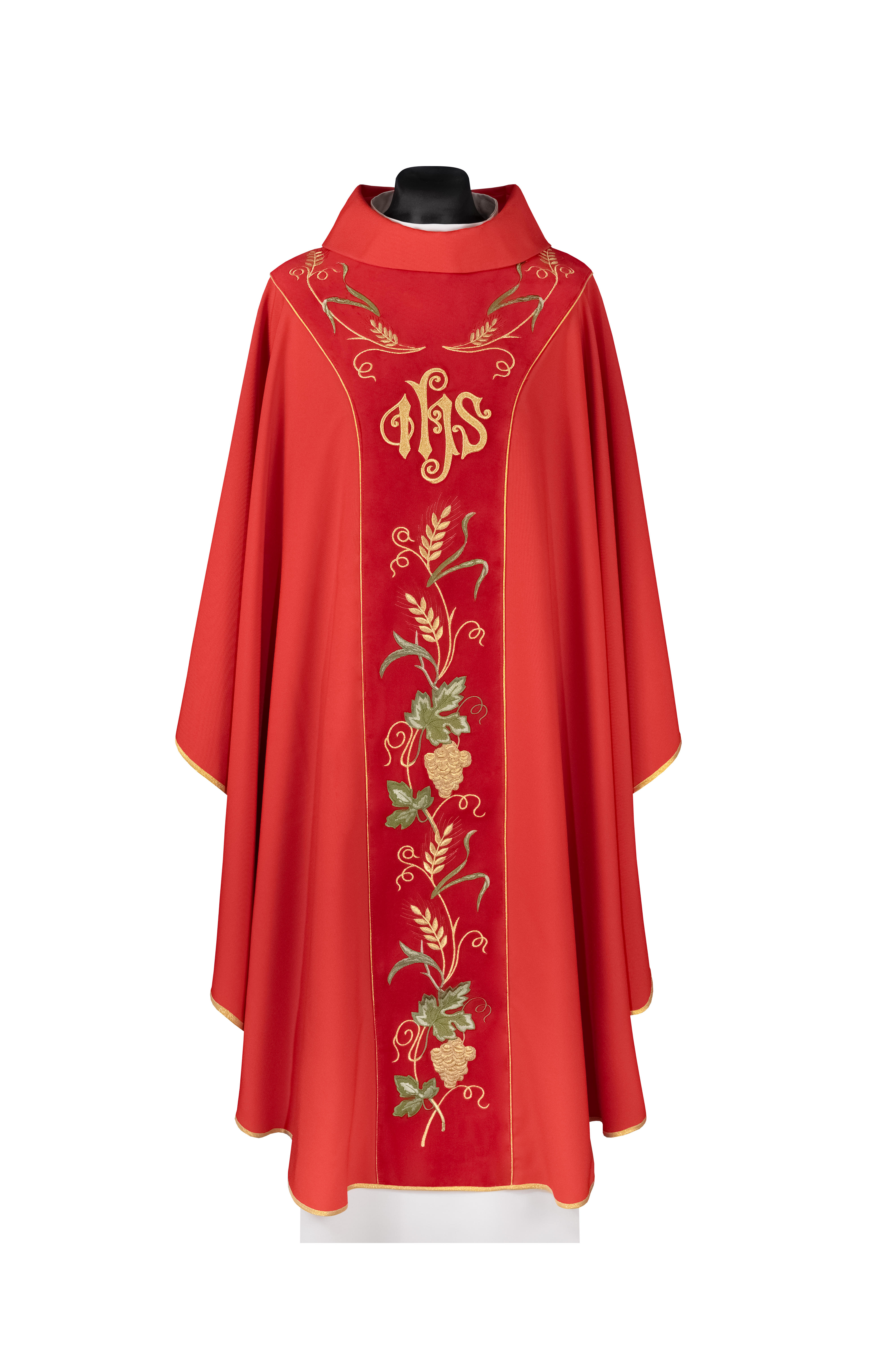 Chasuble with a red velvet band and IHS embroidery