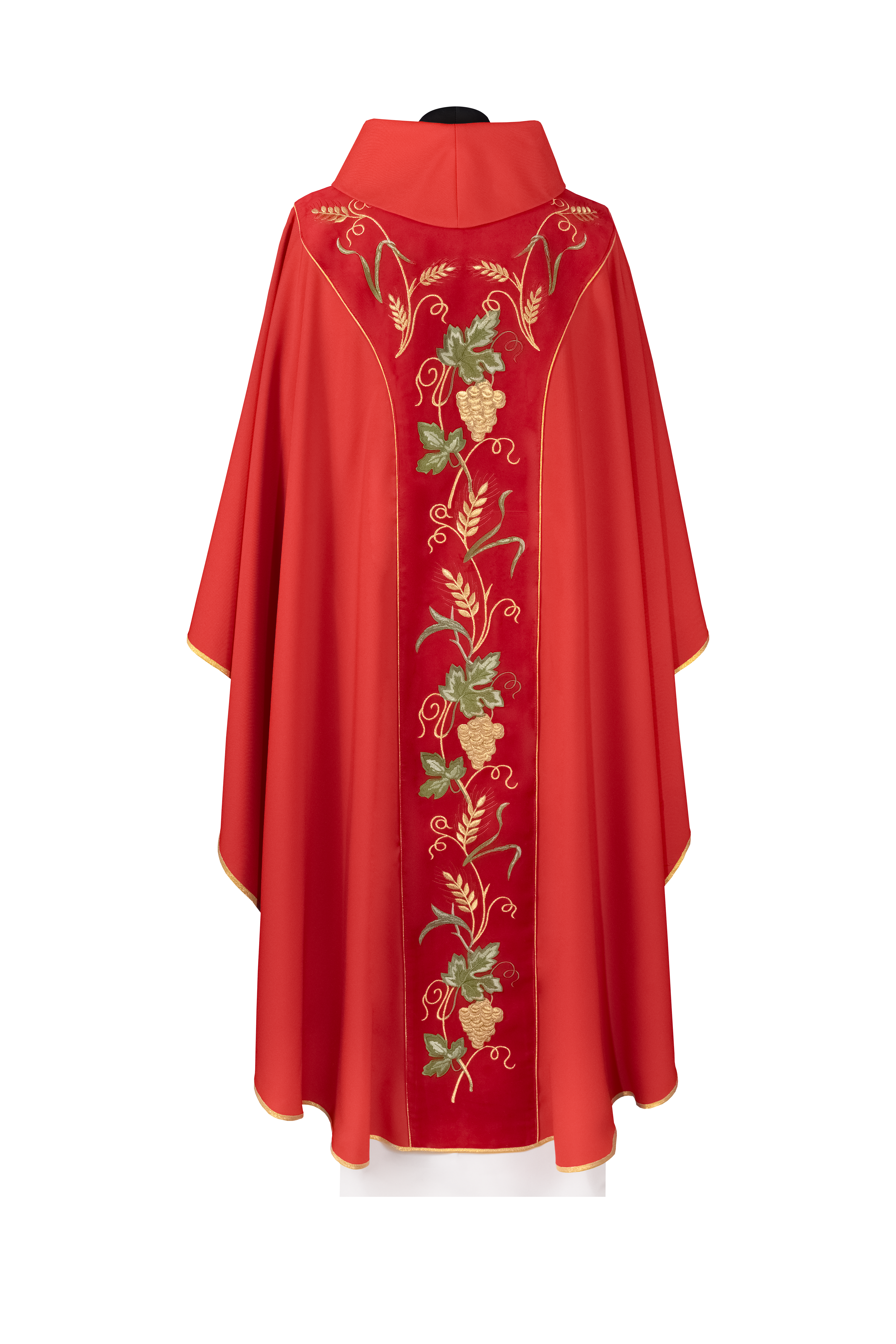 Chasuble with a red velvet band and IHS embroidery