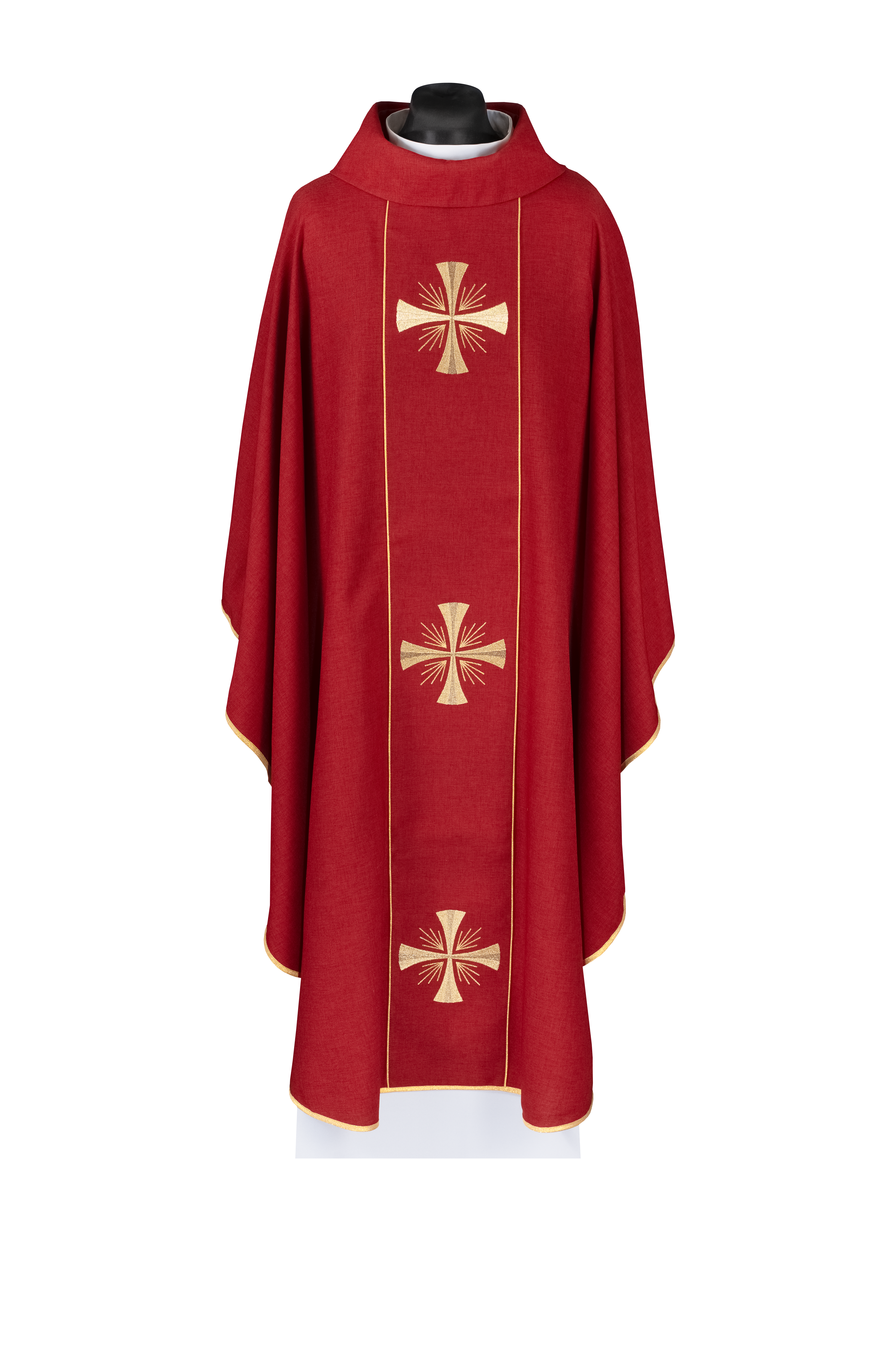 Chasuble with a red band and embroidered crosses - CHASUBLES.COM