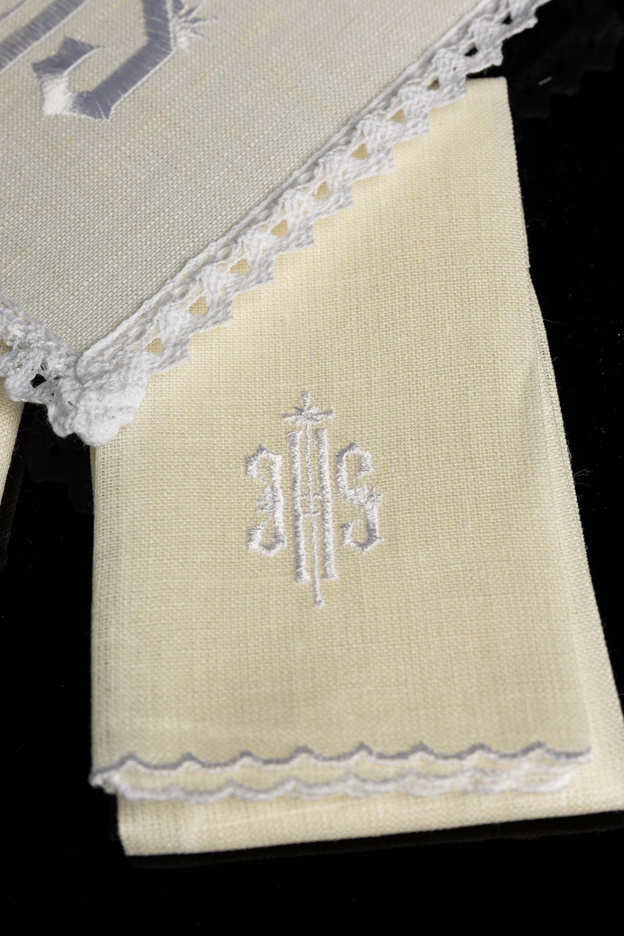 Embroidered altar linen IHS White
