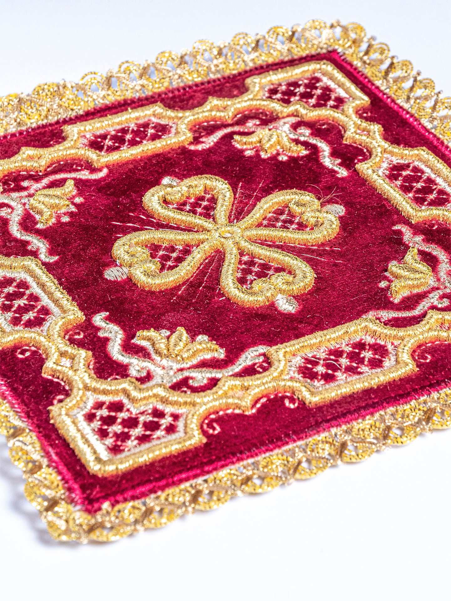 Embroidered red velvet chalice linens set - CHASUBLES.COM