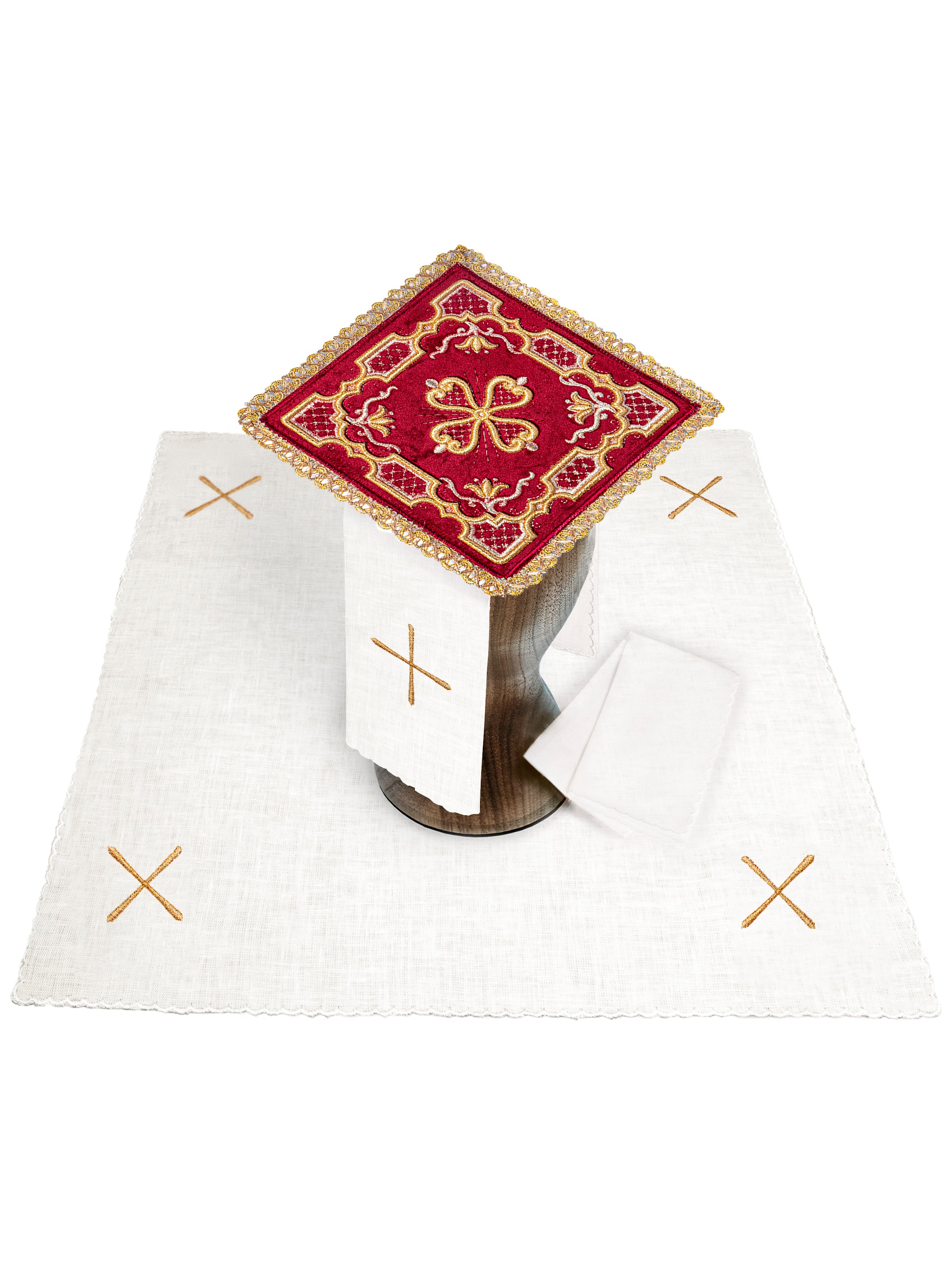 Embroidered red velvet chalice linens set - CHASUBLES.COM