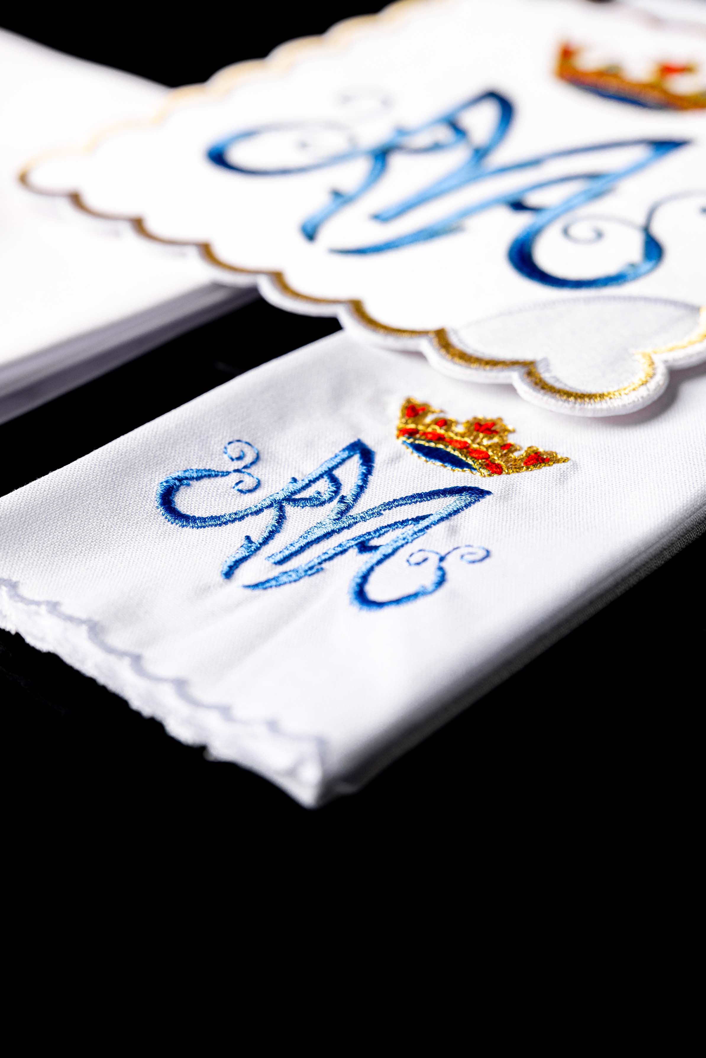 Chalice Linens with blue and gold Marian symbol