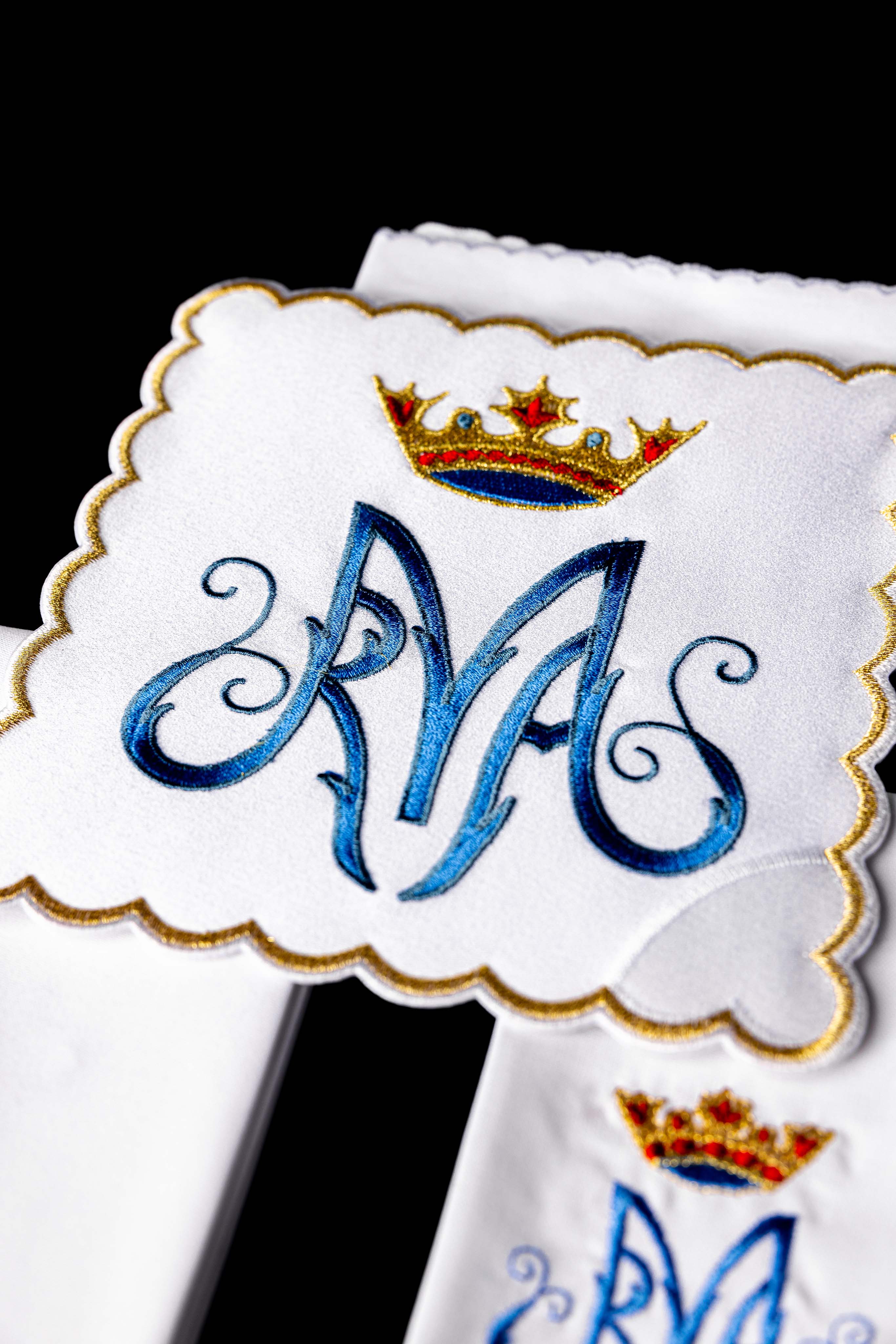 Chalice Linens with blue and gold Marian symbol