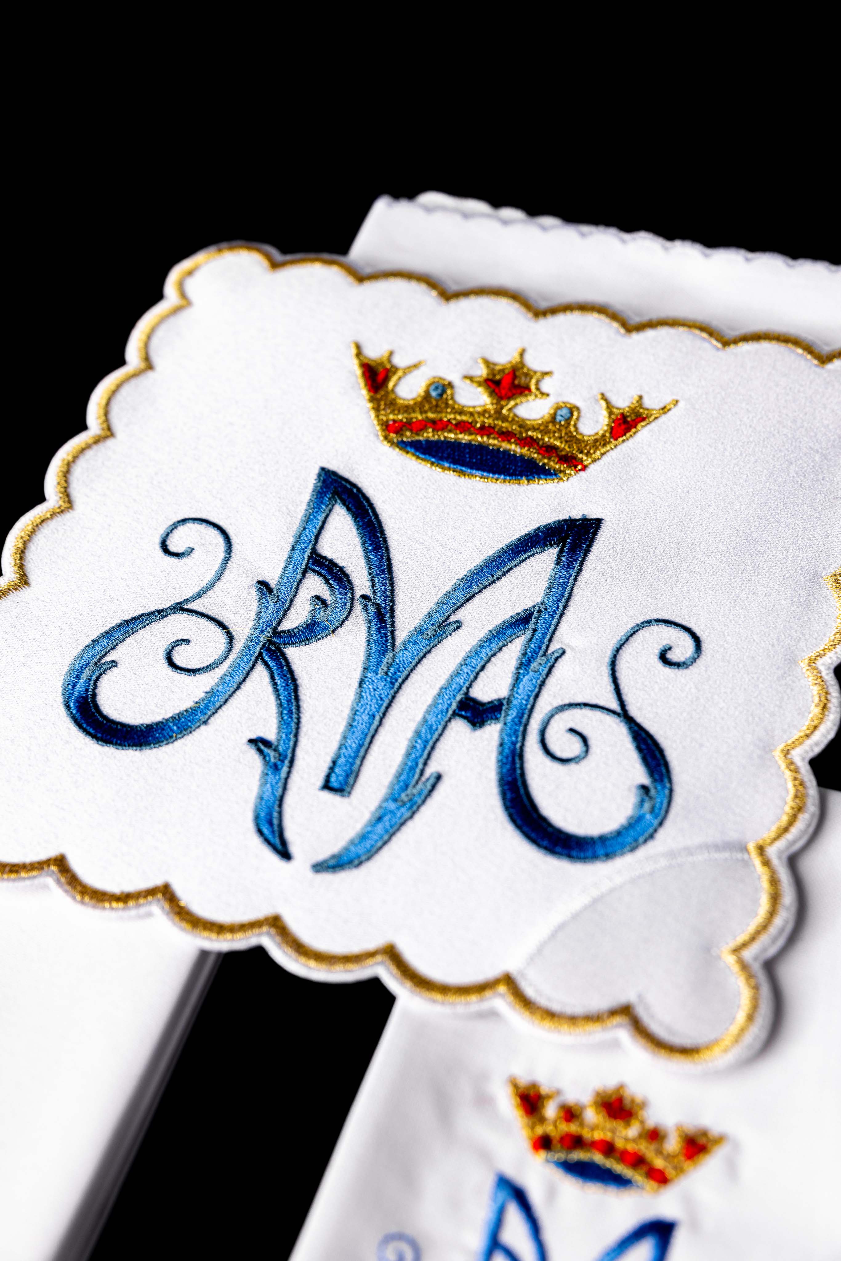 Chalice Linens with blue and gold Marian symbol