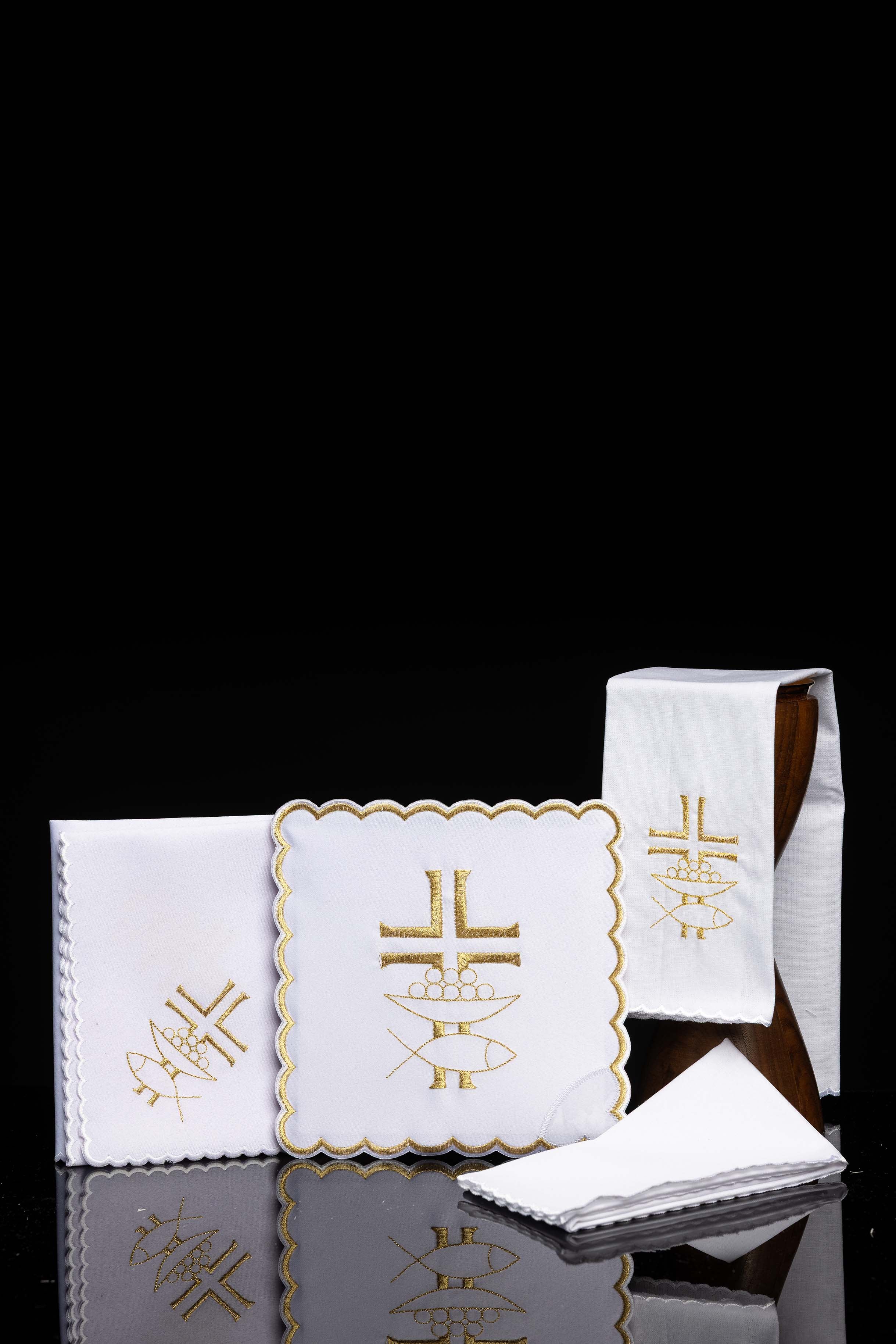 Chalice linens set with gold cross and Ichthys
