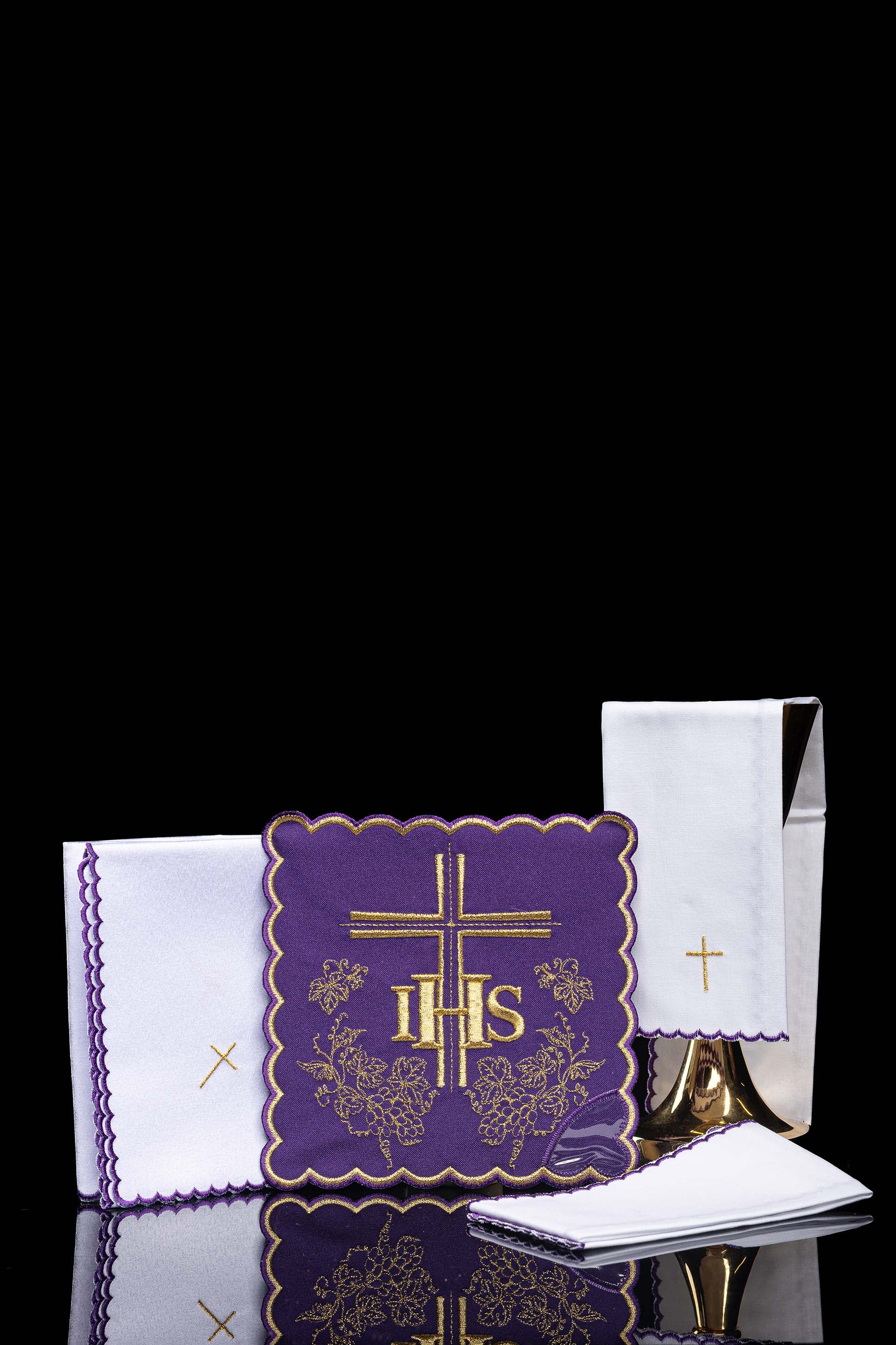Purple Chalice Linens made of cotton with gold cross embroidery
