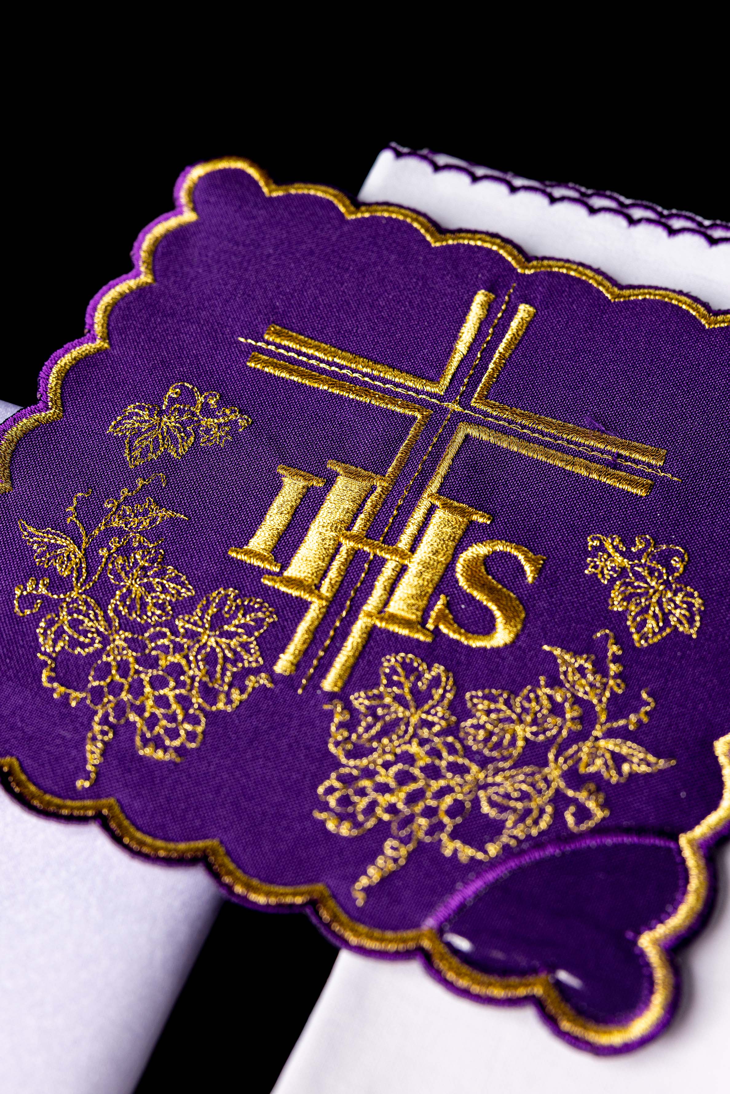 Purple Chalice Linens made of cotton with gold cross embroidery