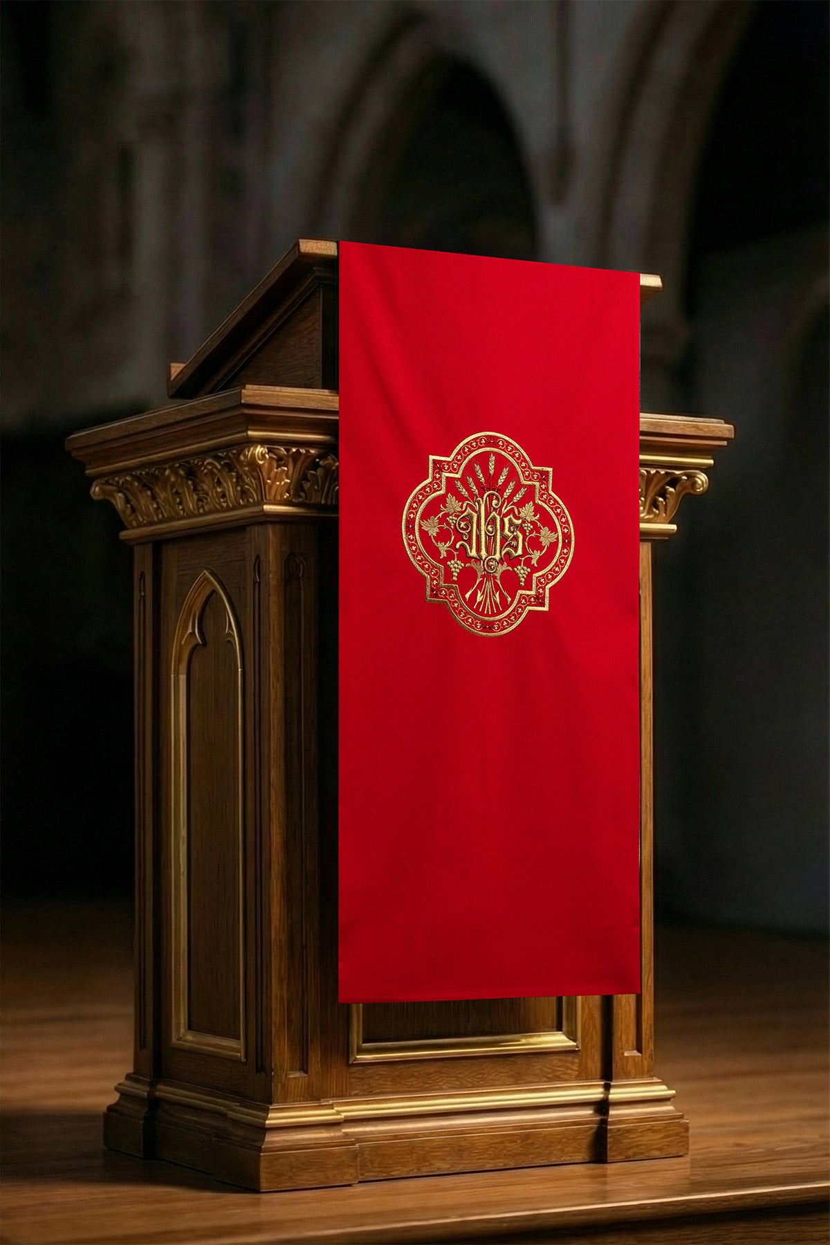Red lectern cover with golden embroidery IHS