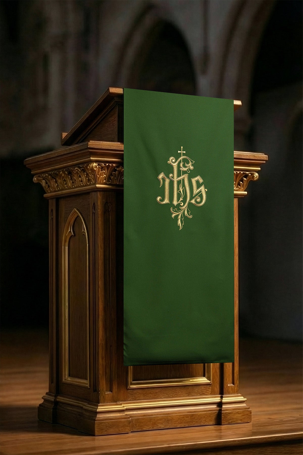 Green lectern cover embroidered with IHS symbol