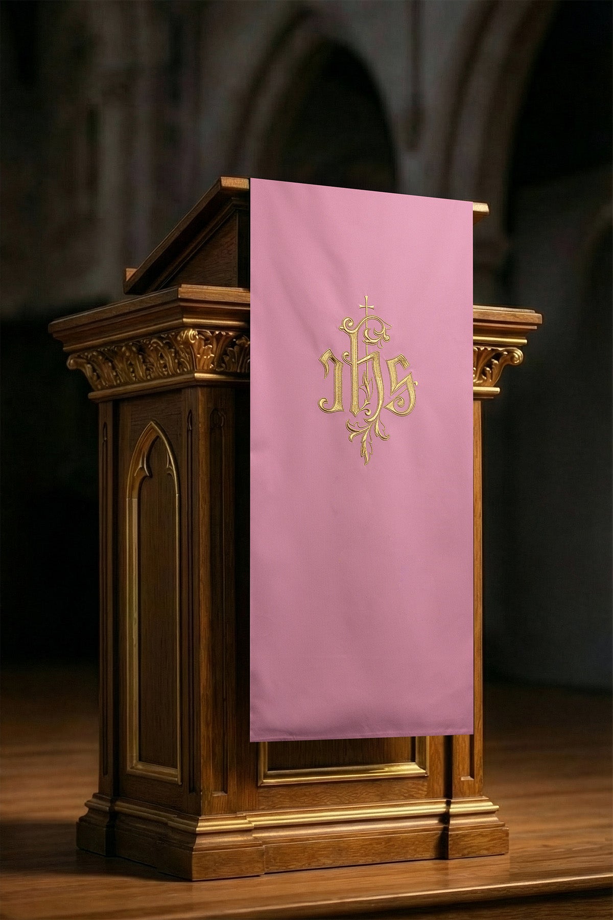 Pink lectern cover embroidered with IHS symbol