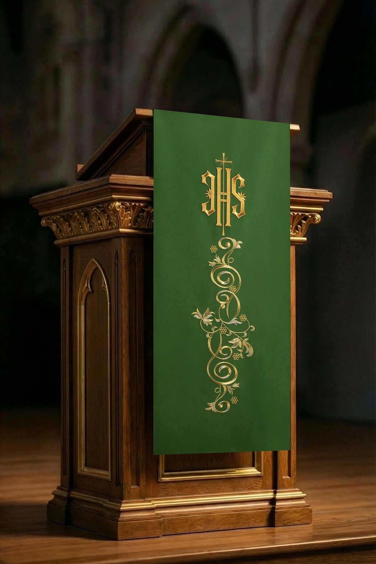 Green Lectern Cloth with Embroidered IHS and Botanical Ornament