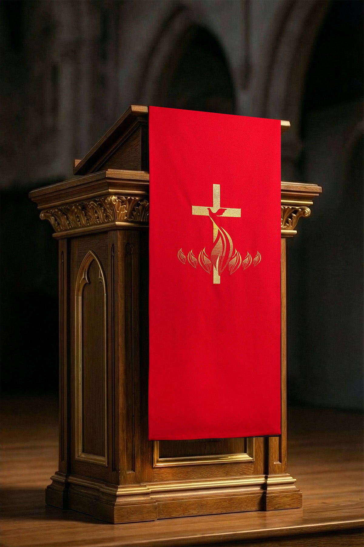 Red lectern Cover Embroidered with Cross and Fire Symbol in Red