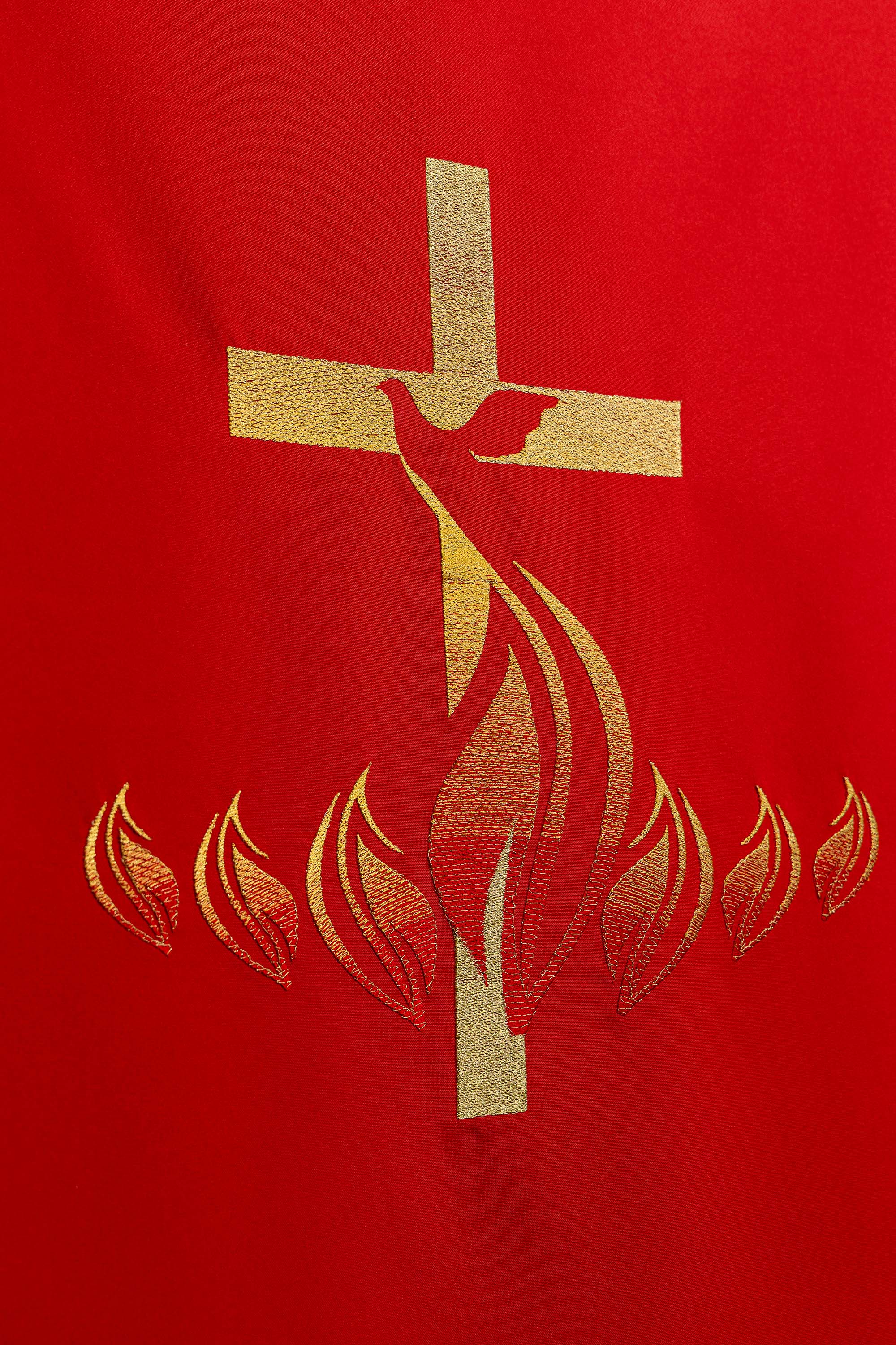 Red lectern Cover Embroidered with Cross and Fire Symbol in Red