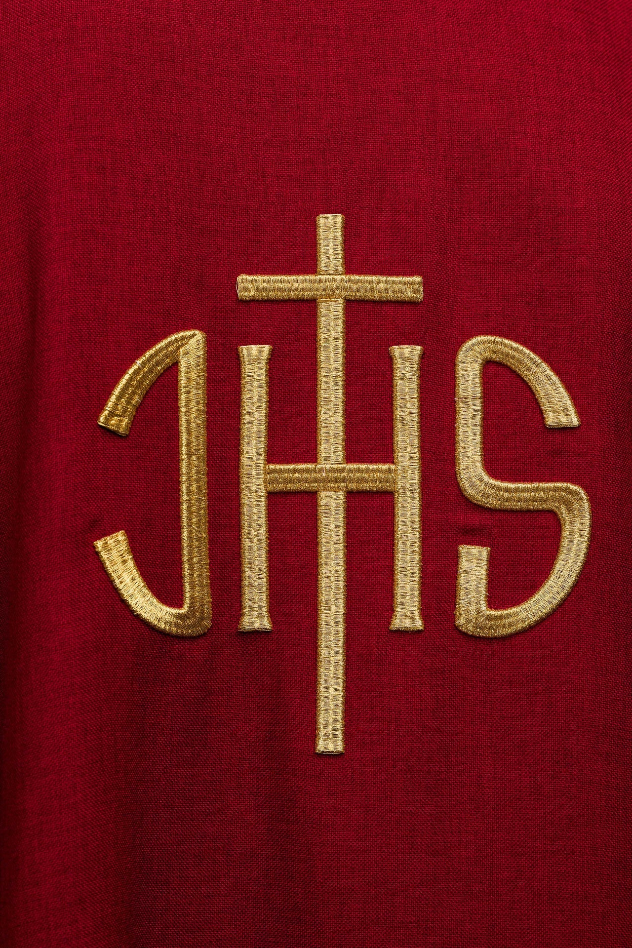 Red Liturgical Chasuble with Golden IHS Embroidery