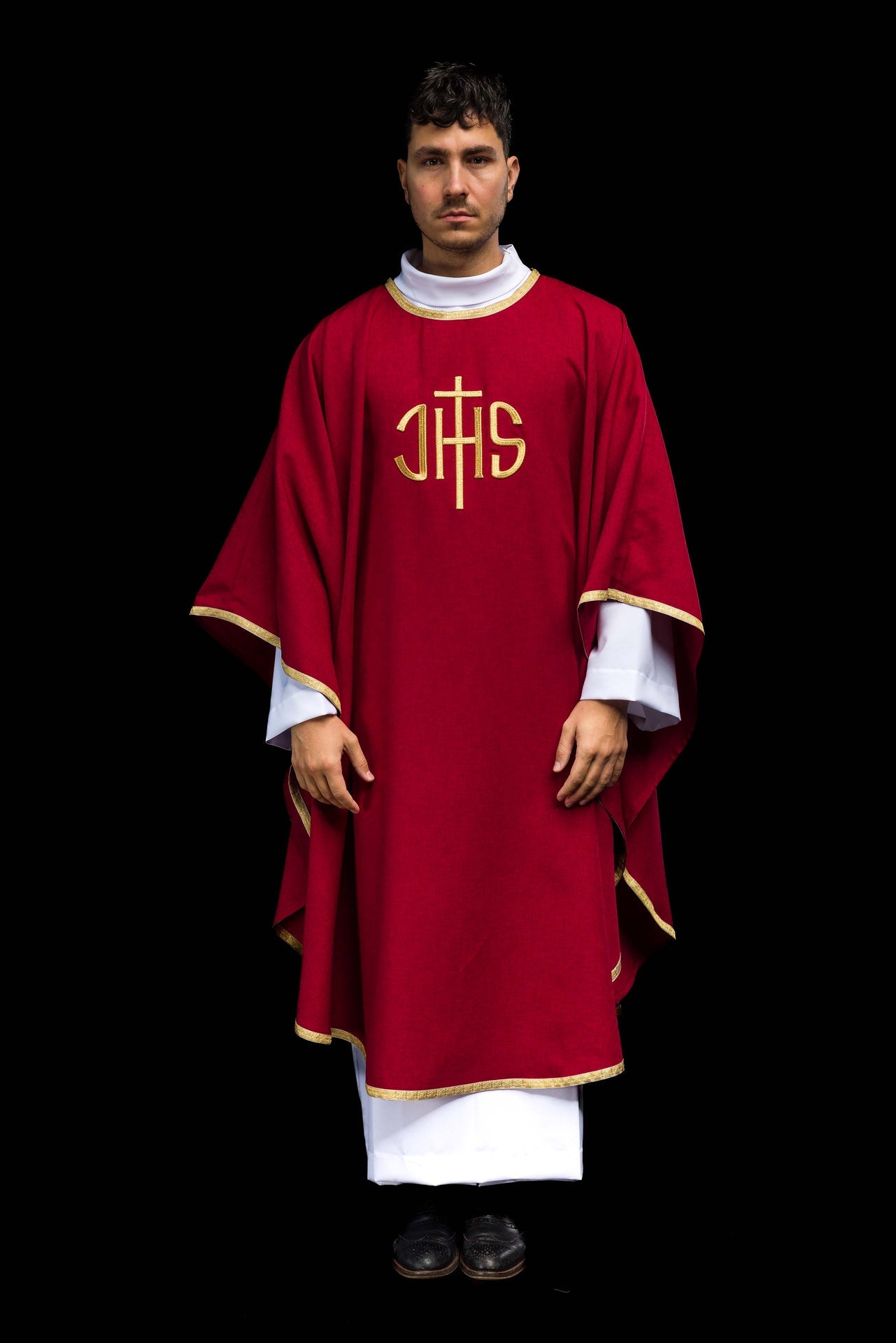 Red Liturgical Chasuble with Golden IHS Embroidery