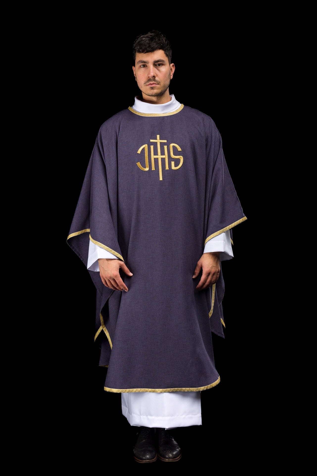 Purple liturgical chasuble with gold IHS embroidery