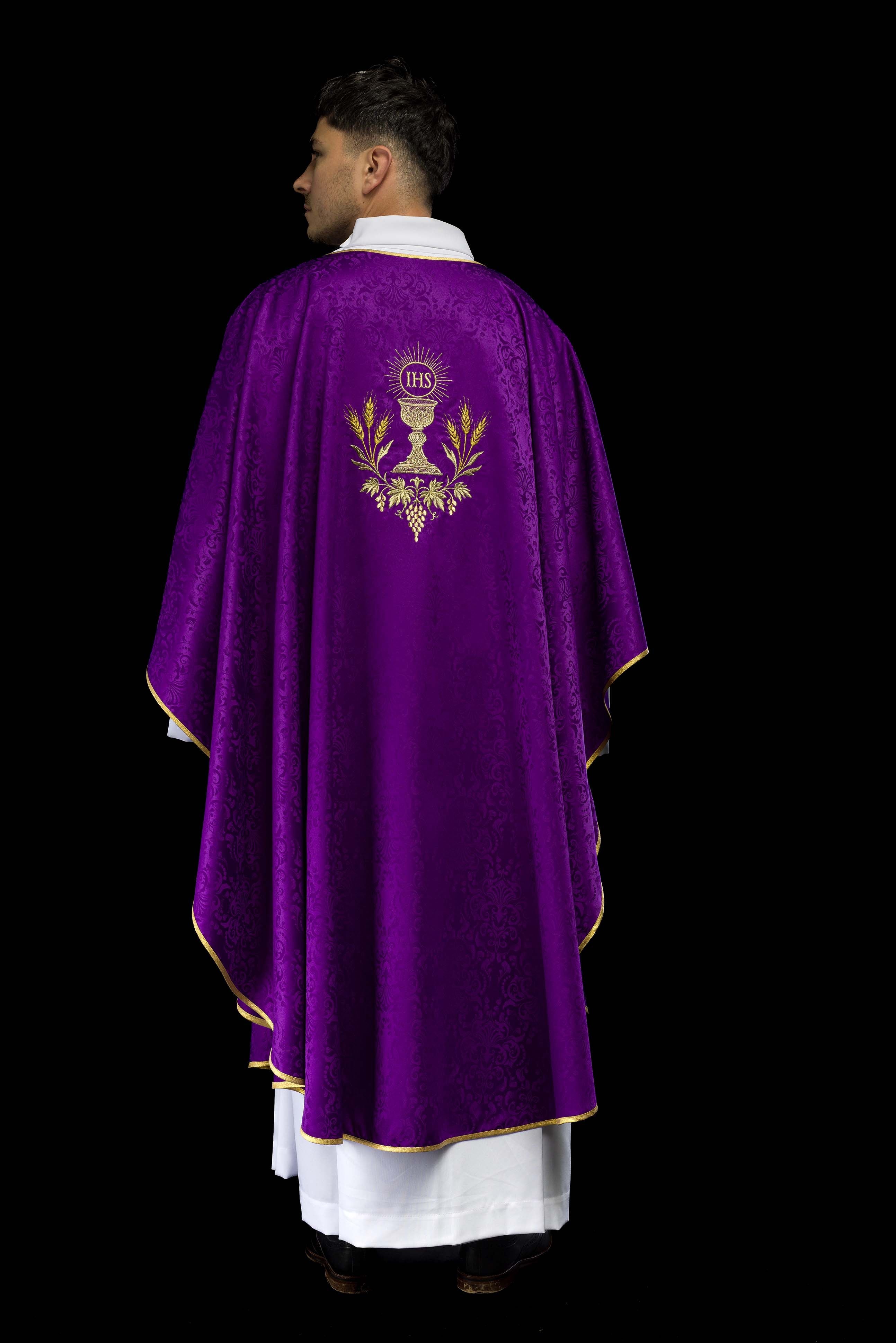 Purple liturgical chasuble with embroidered chalice and host on jacquard fabric
