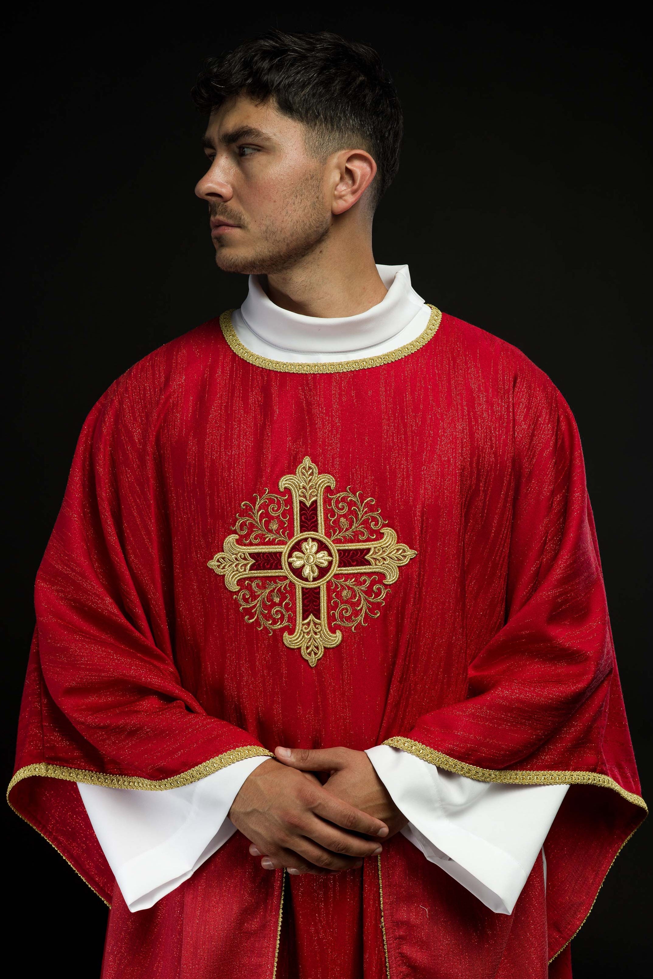 Red Liturgical Chasuble with Embroidered Cross on Decorative Fabric