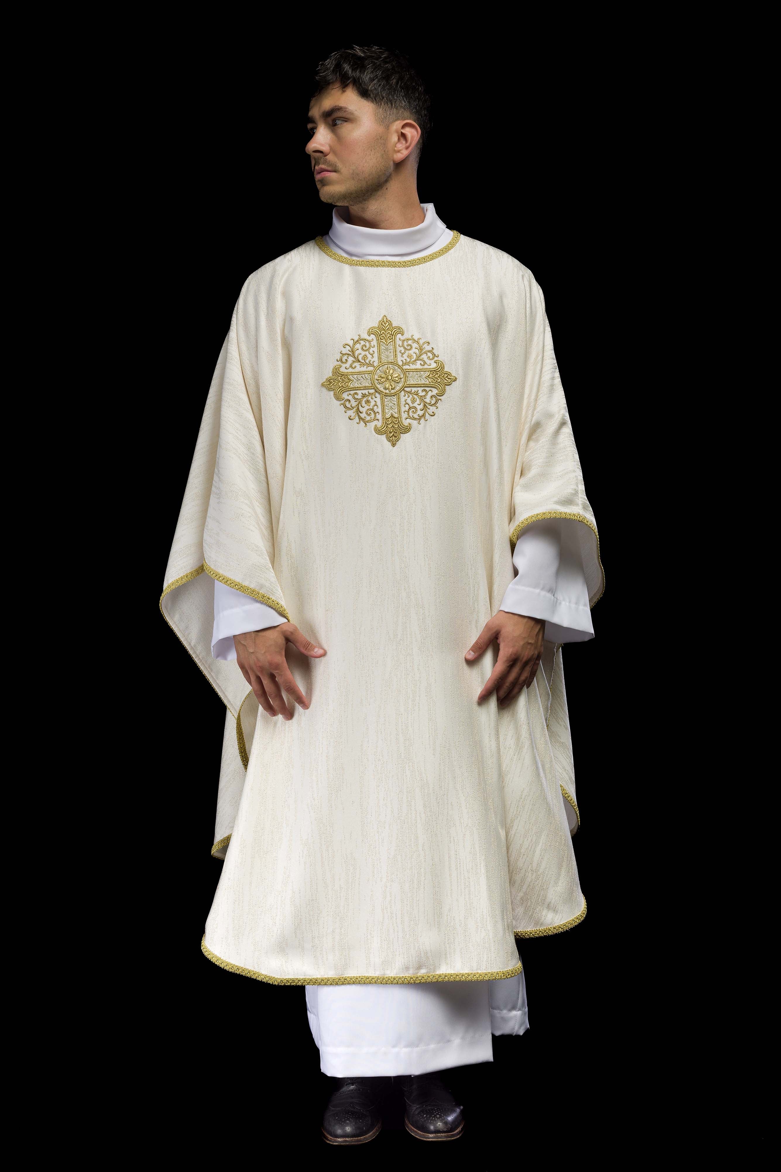 Ecru Liturgical Chasuble with Embroidered Cross on Decorative Fabric