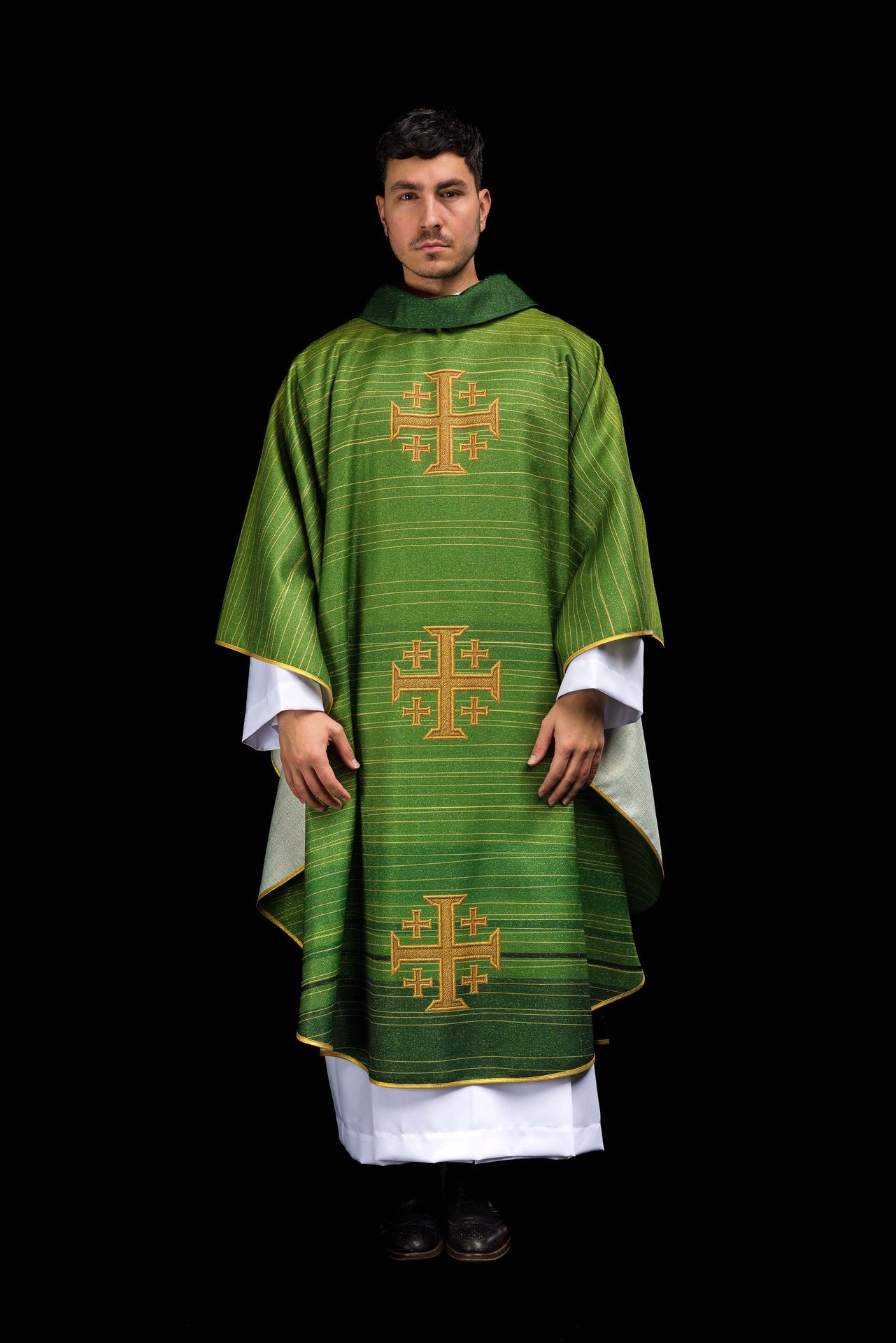 Green printed chasuble with Jerusalem Cross