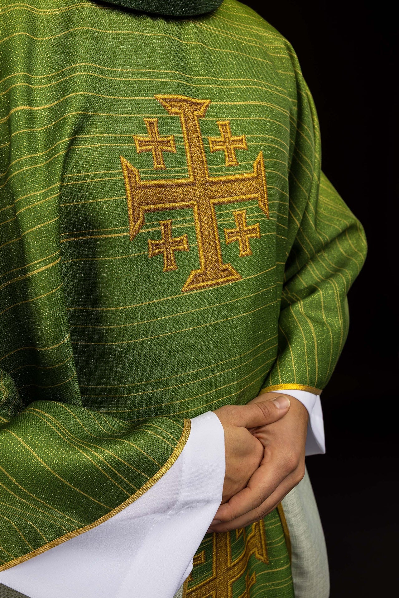 Green printed chasuble with Jerusalem Cross