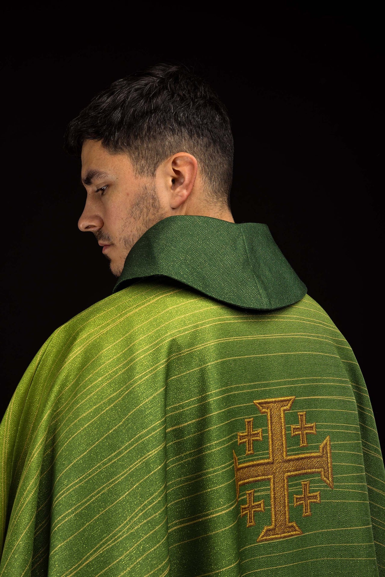 Green printed chasuble with Jerusalem Cross