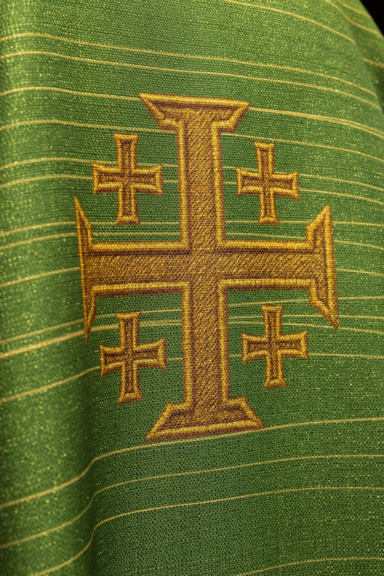 Green printed chasuble with Jerusalem Cross