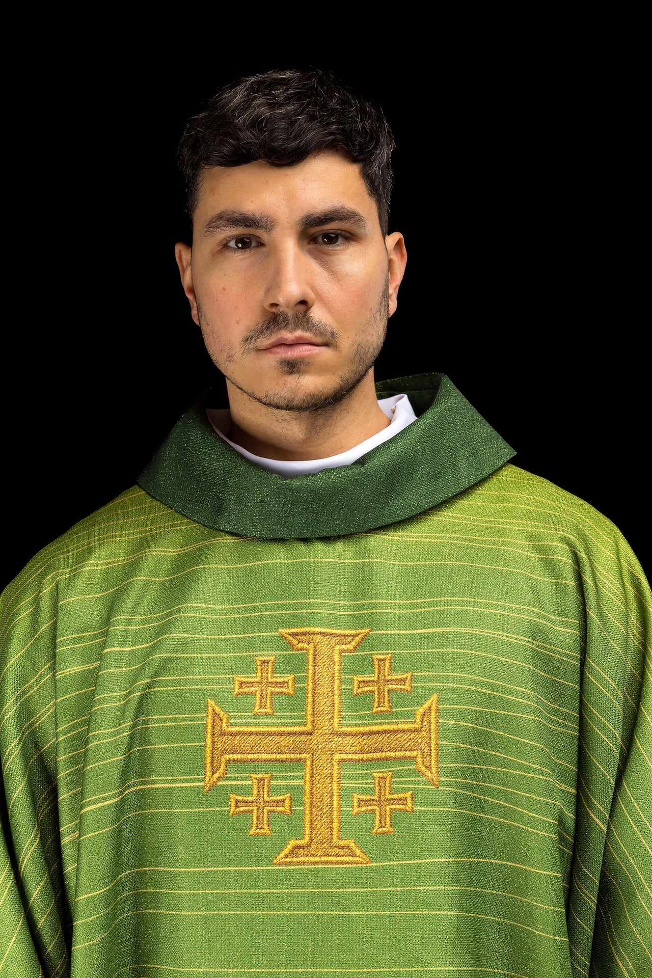 Green printed chasuble with Jerusalem Cross