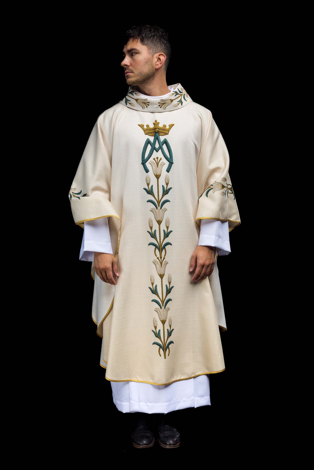 Printed Marian Chasuble with Lily Pattern and Monogram Ecru
