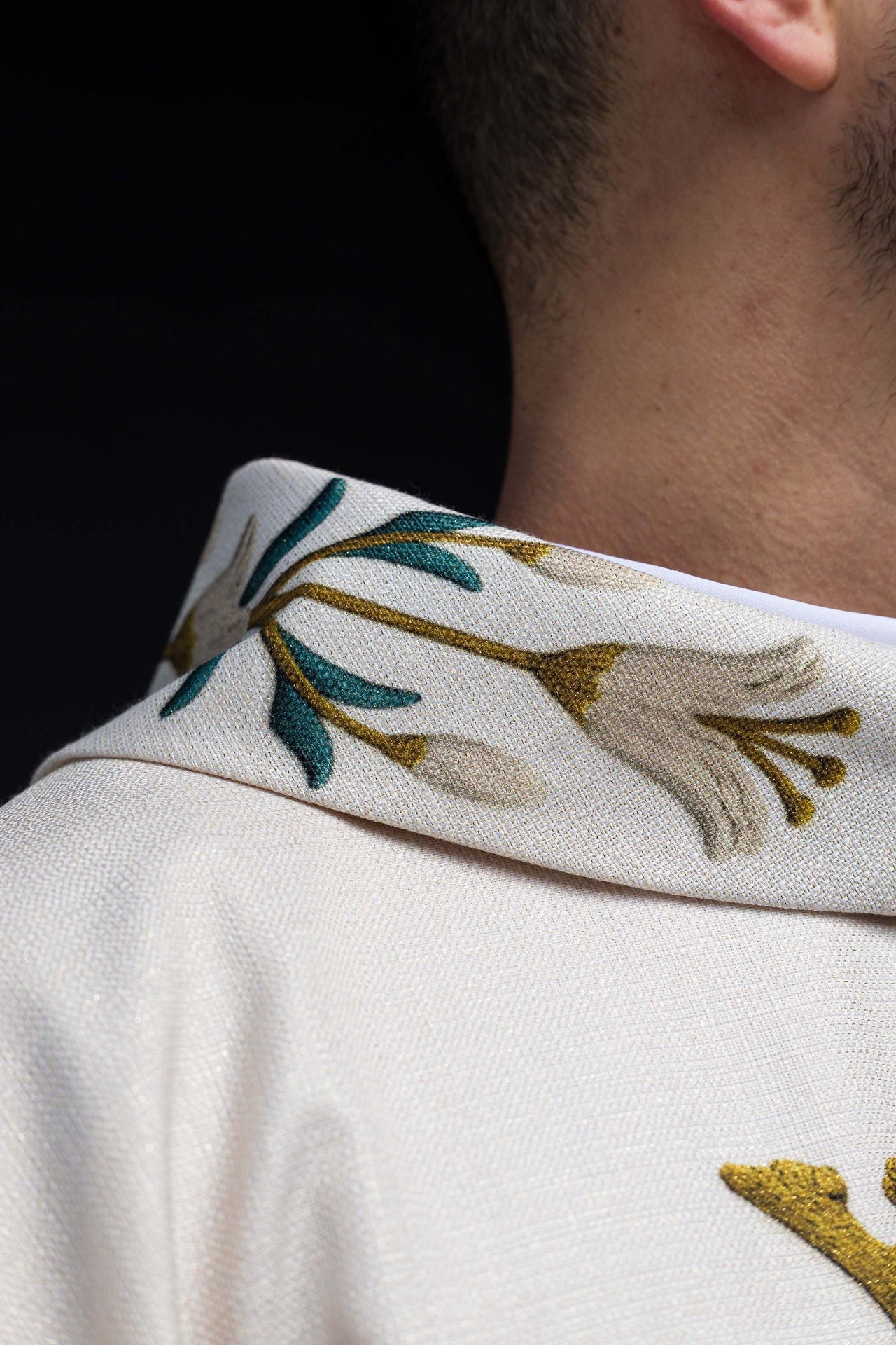 Printed Marian Chasuble with Lily Pattern and Monogram Ecru