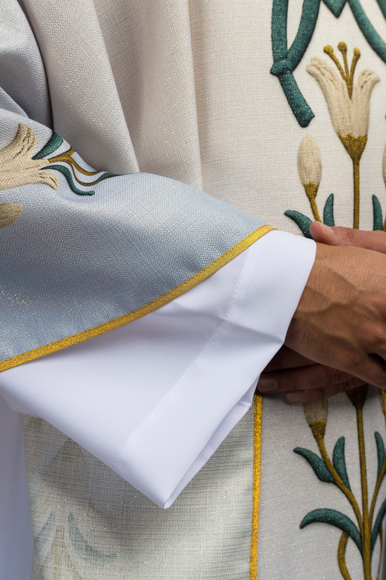 Printed Marian Chasuble with Lily Pattern and Monogram Blue & Cream