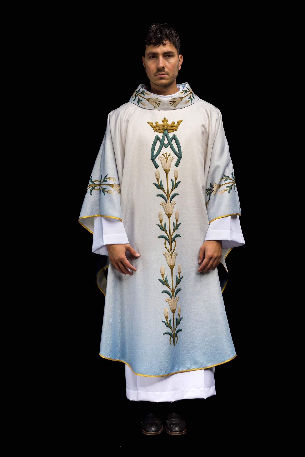 Printed Marian Chasuble with Lily Pattern and Monogram Blue & Cream