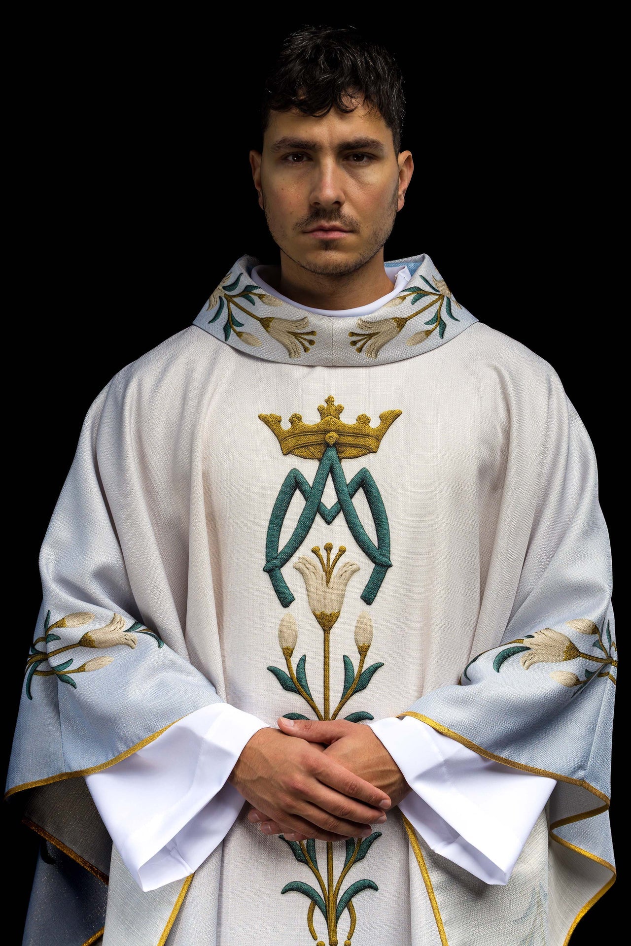 Printed Marian Chasuble with Lily Pattern and Monogram Blue & Cream