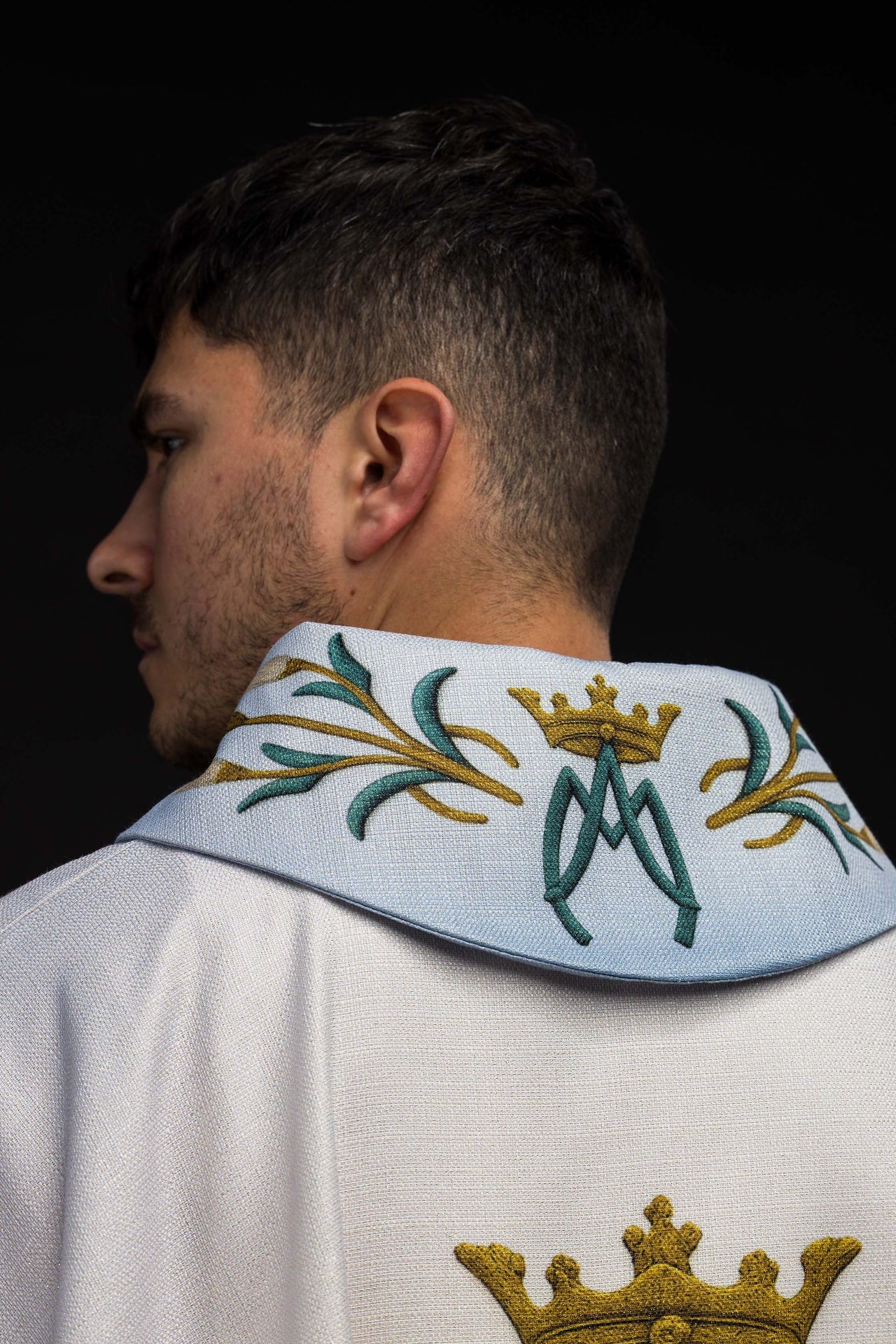 Printed Marian Chasuble with Lily Pattern and Monogram Blue & Cream