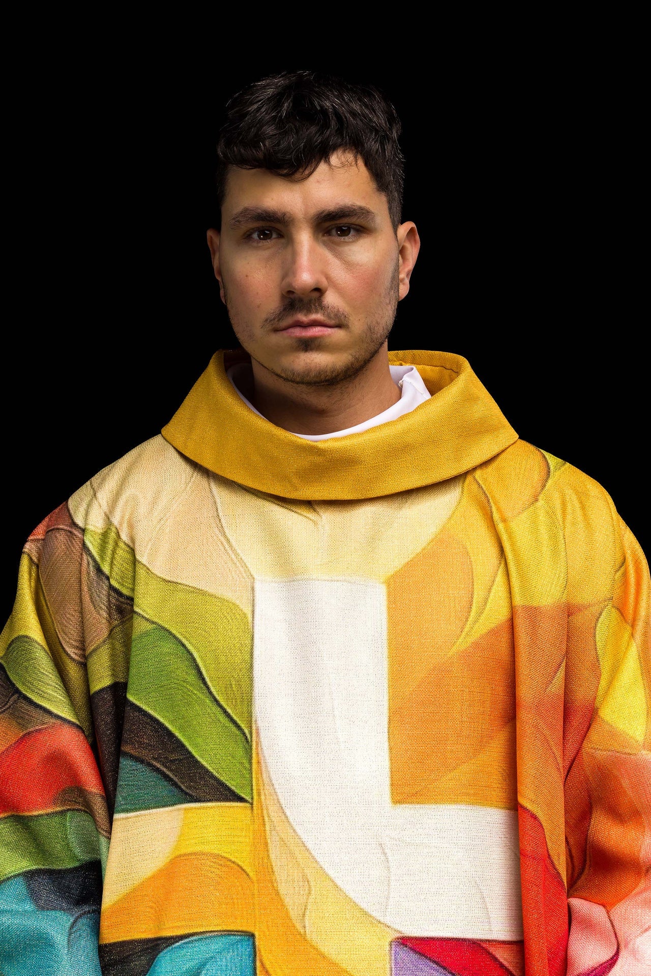 Multicolored printed chasuble with a cross motif