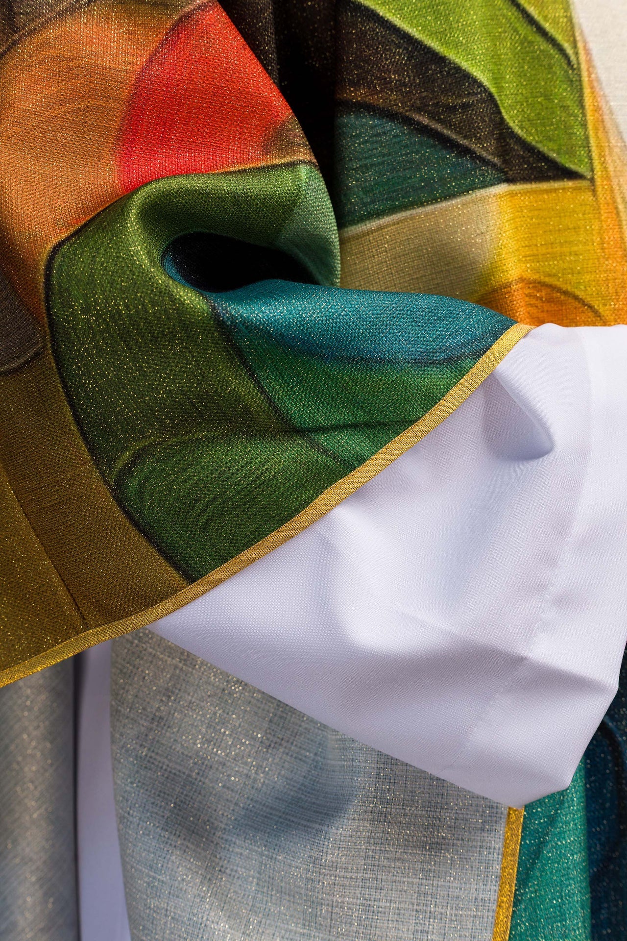 Multicolored printed chasuble with a cross motif