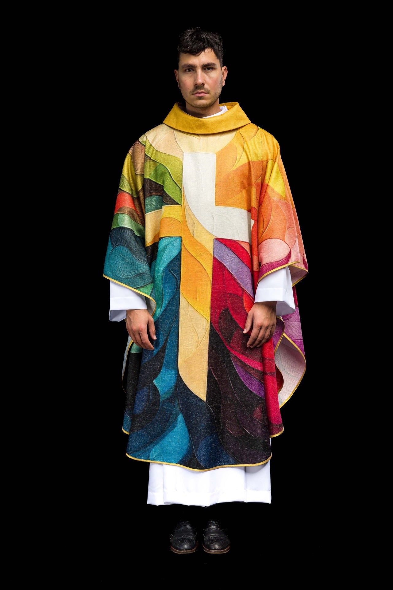 Multicolored printed chasuble with a cross motif