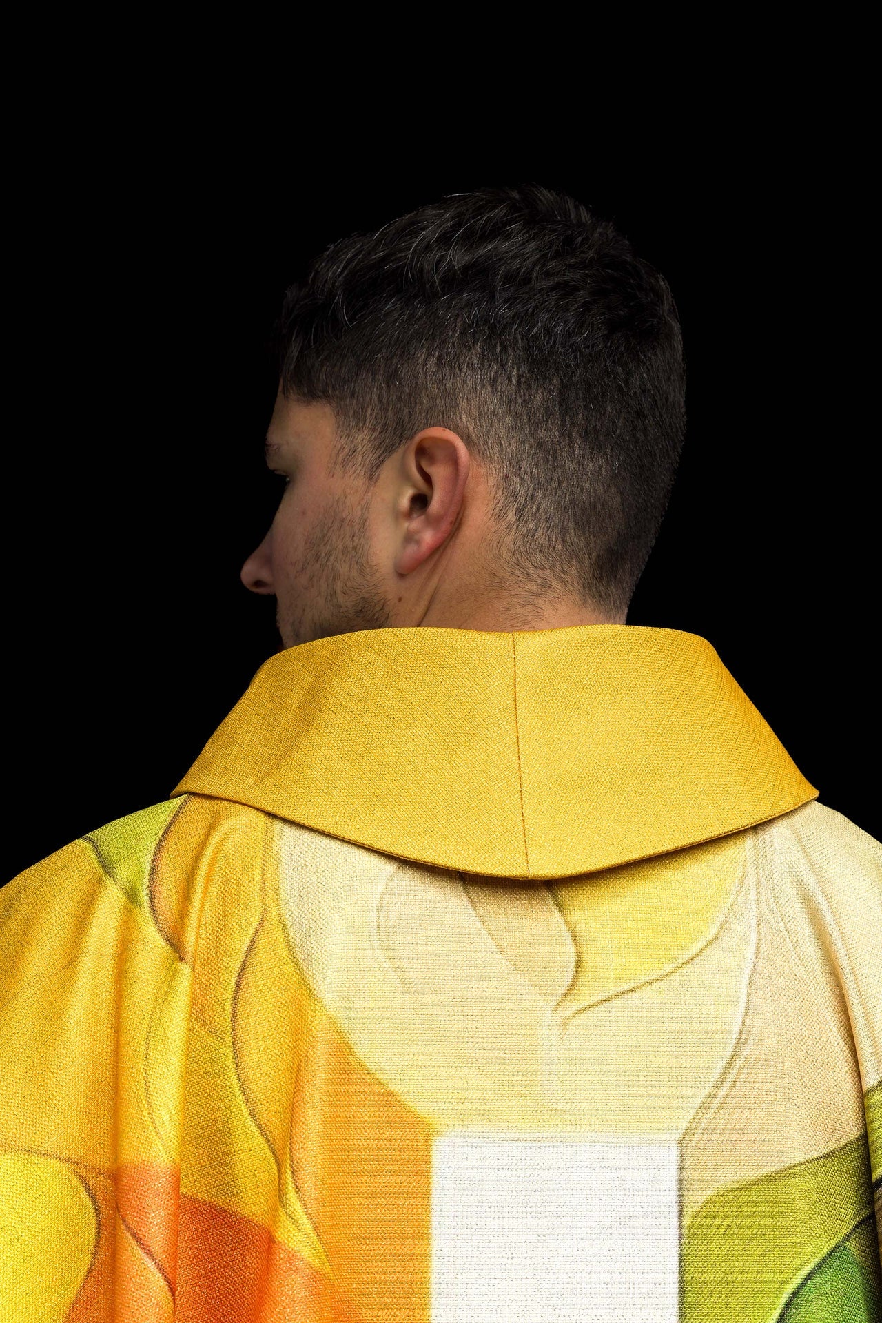 Multicolored printed chasuble with a cross motif