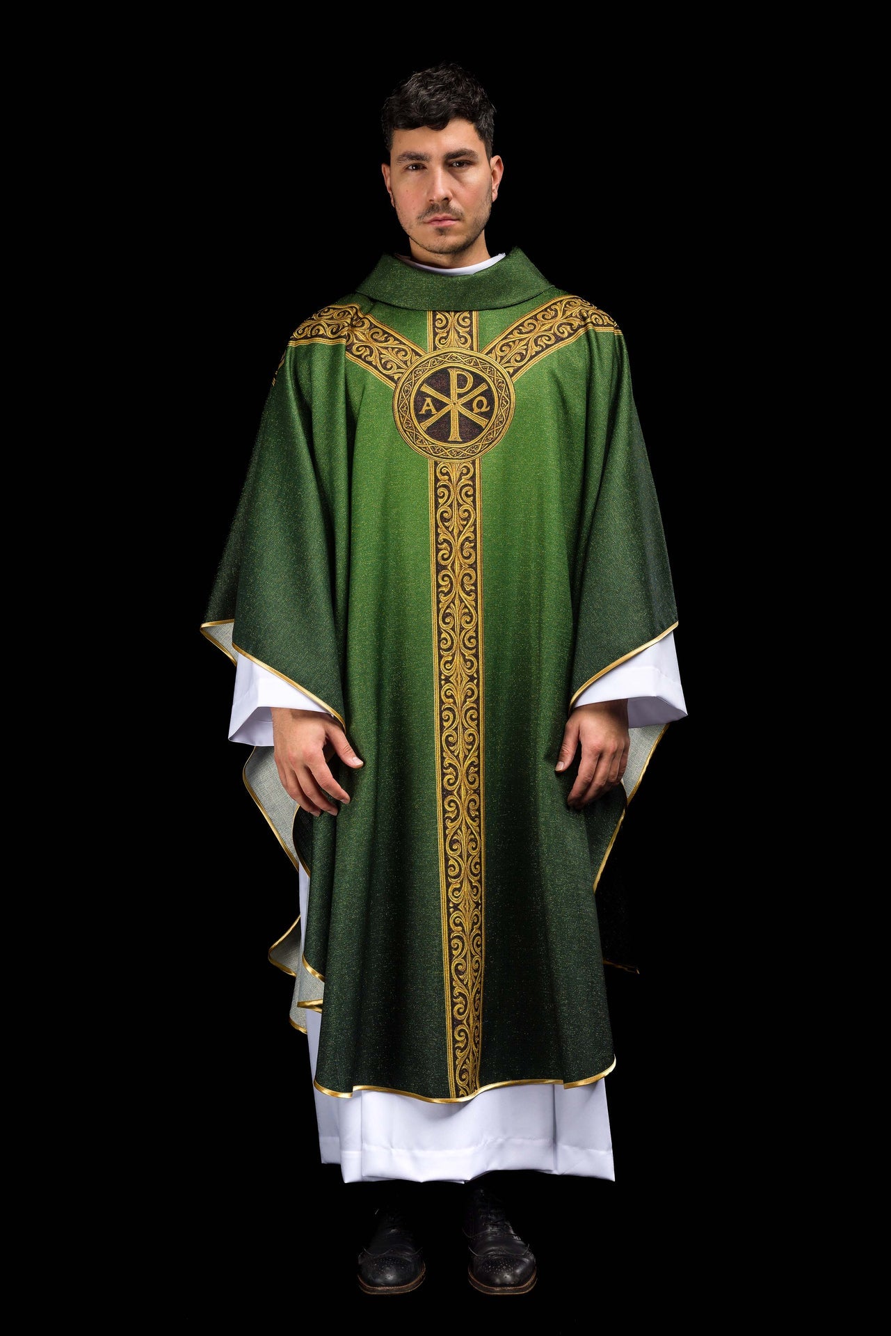 Green printed Pax chasuble with rich gold ornamentation
