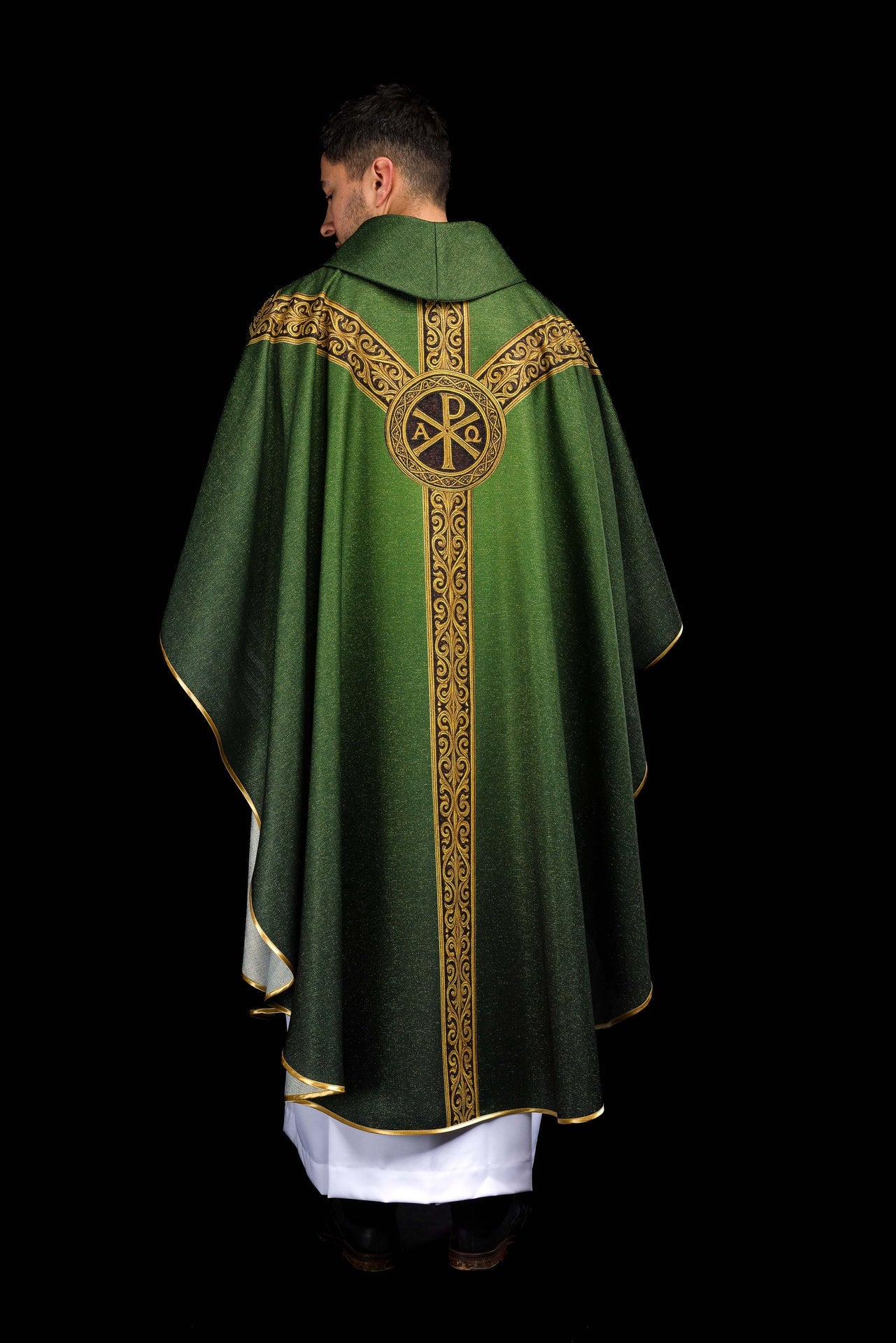 Green printed Pax chasuble with rich gold ornamentation - CHASUBLES.COM