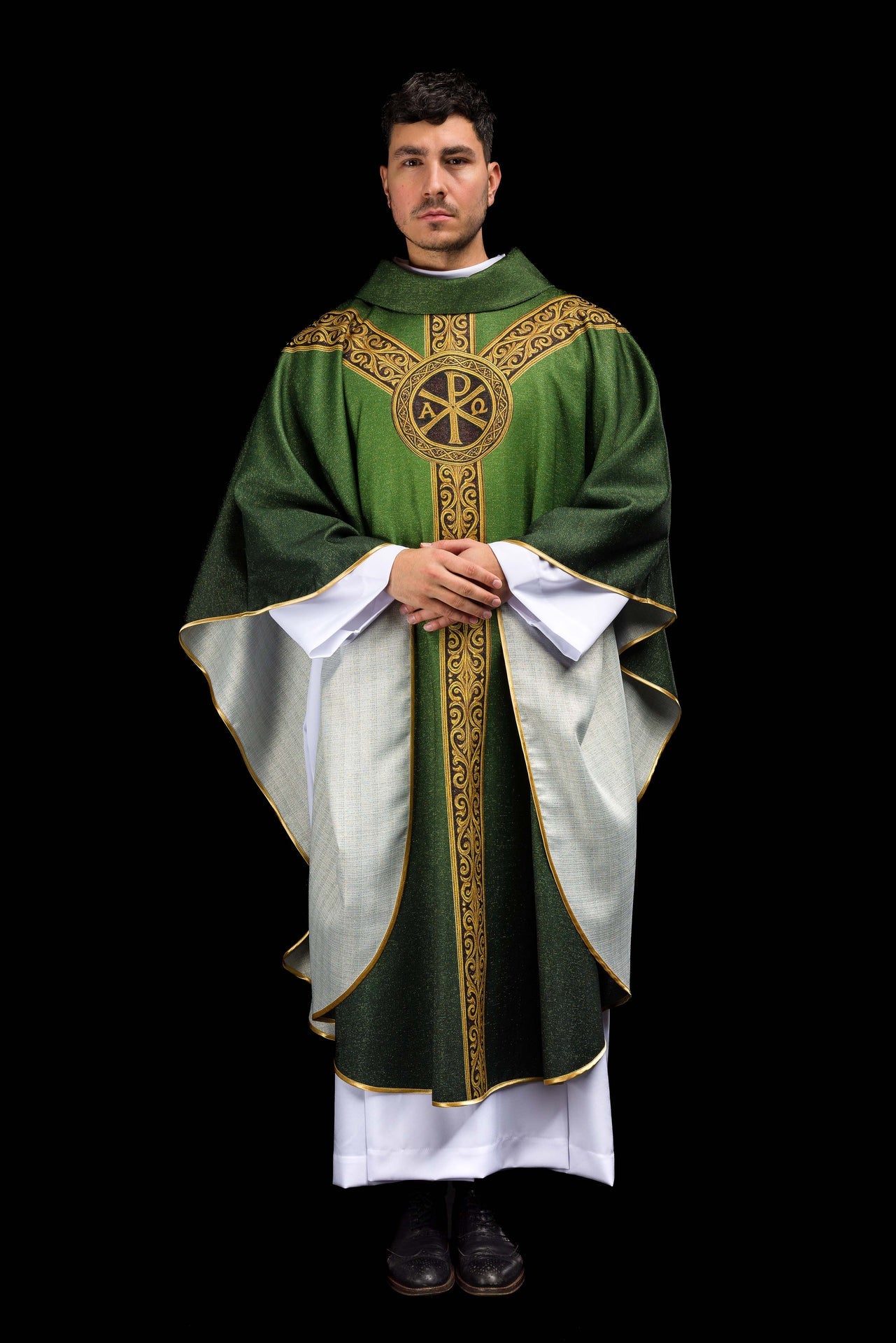 Green printed Pax chasuble with rich gold ornamentation - CHASUBLES.COM