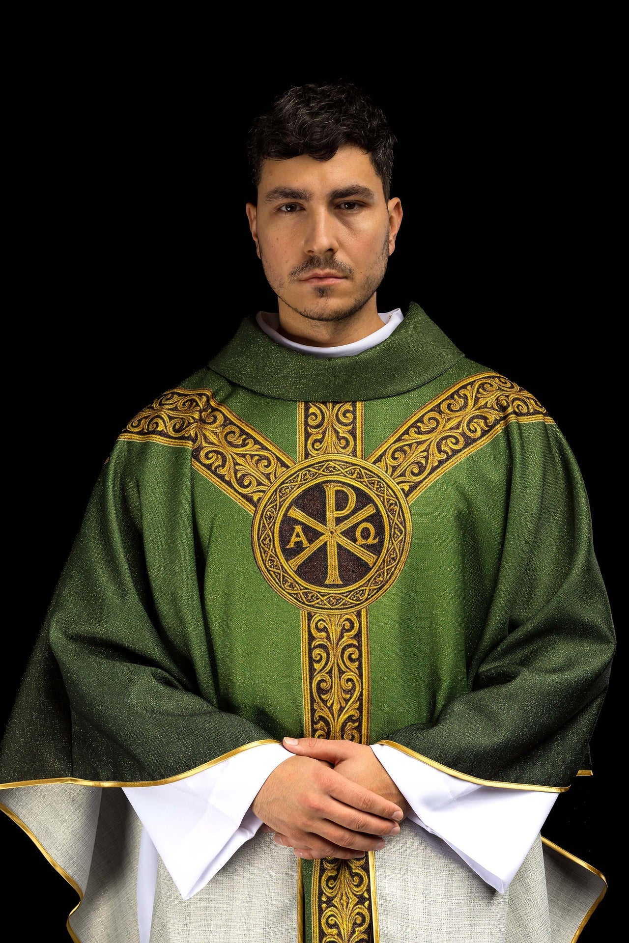 Green printed Pax chasuble with rich gold ornamentation