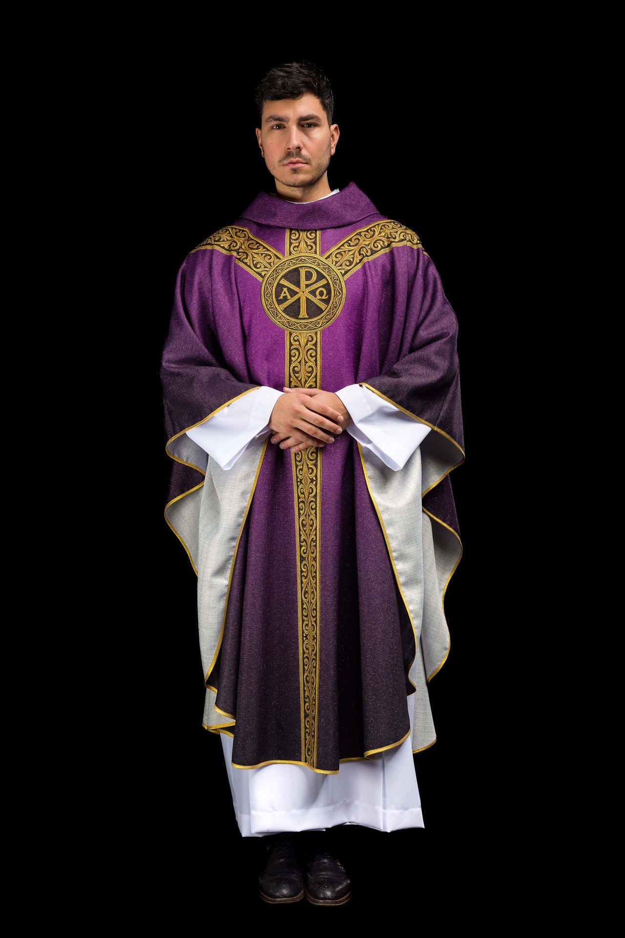 Purple printed Pax chasuble with rich gold ornamentation - CHASUBLES.COM